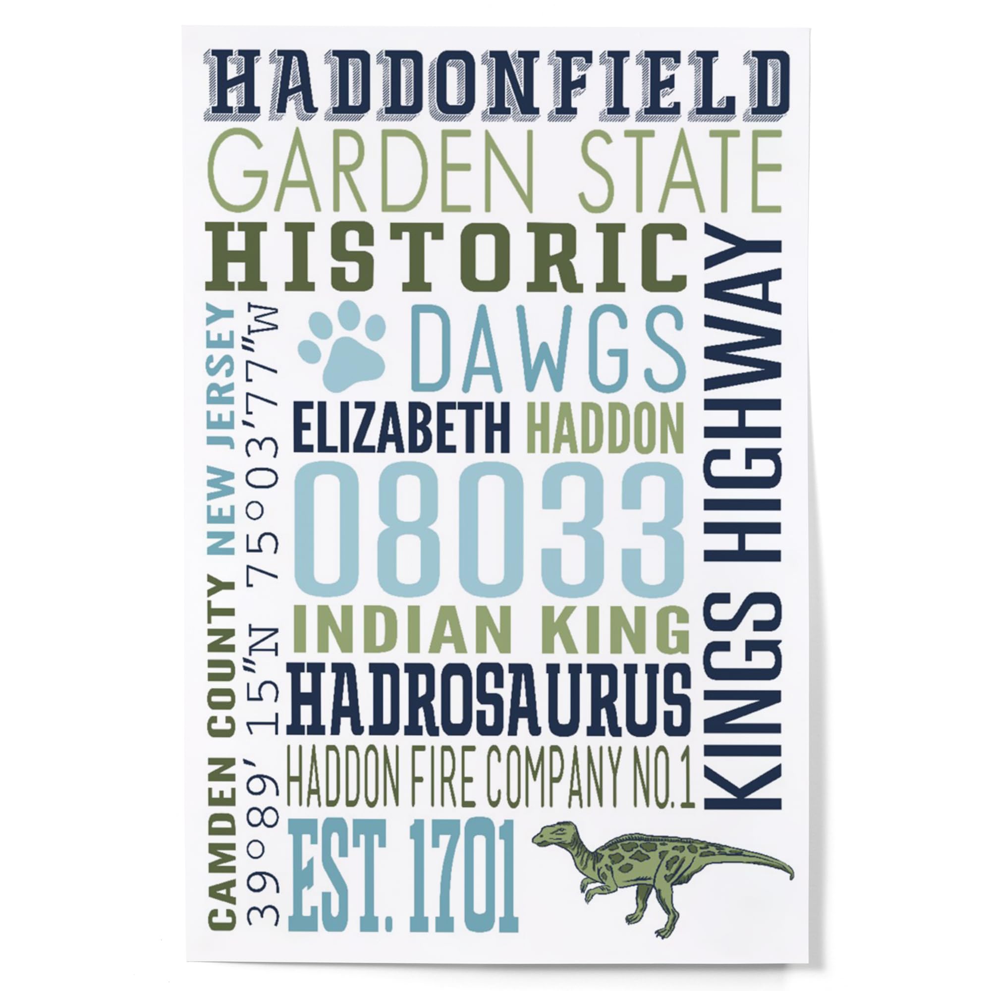 Lantern Press 12x18 Inch Haddonfield New Jersey Typography Art Print - Vintage Wall Decor for Home, Office & Gift Giving
