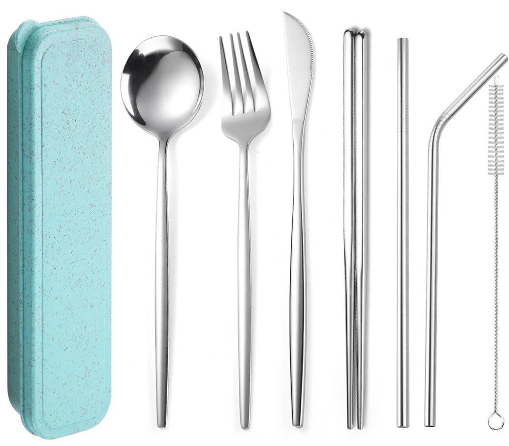 Premium 7-Piece Portable Camping Utensil Set - Stainless Steel Travel Cutlery with Knife Fork Spoon & Straw | Compact Outdoor Picnic Silverware Kit with Carrying Case | Perfect for Camping Hiking Backpacking and Road Trips