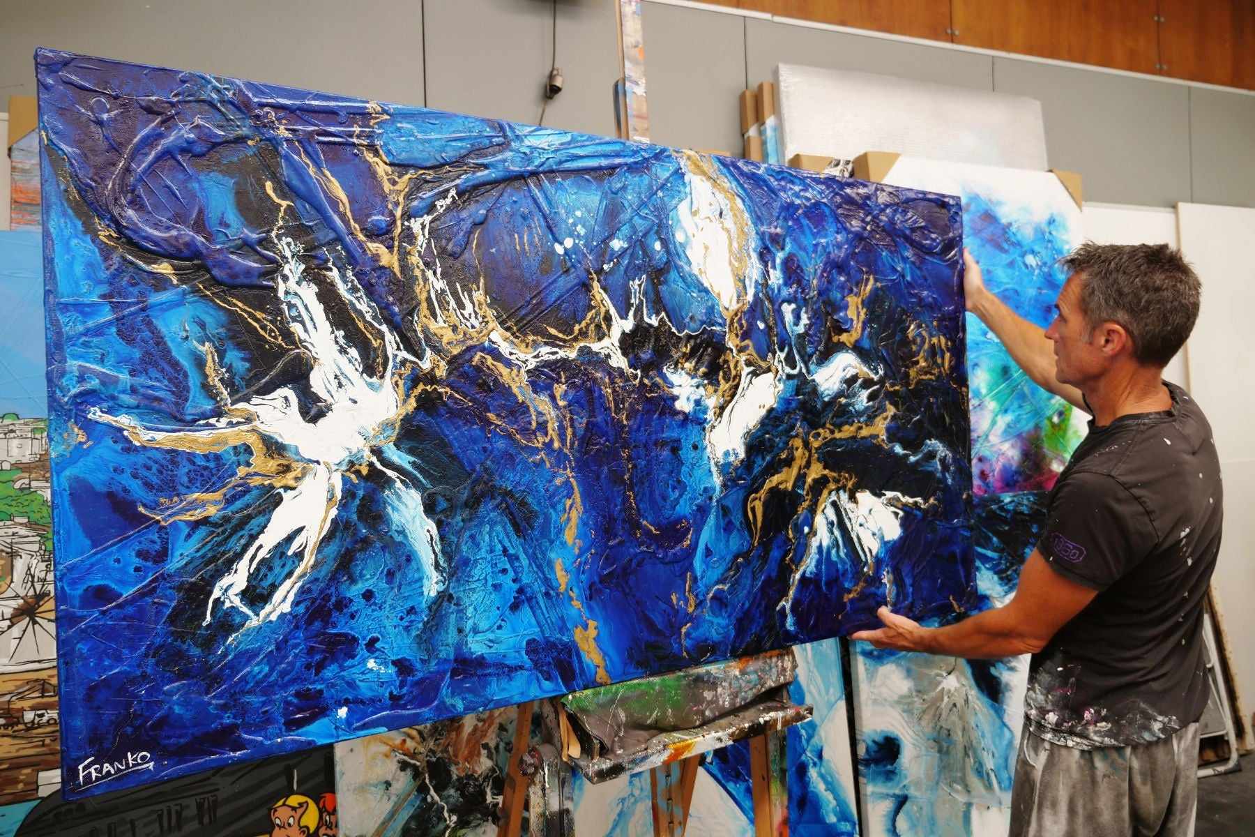 Golden Blu 190cm x 100cm Blue Gold Textured Abstract Canvas Art - Modern Wall Decor for Living Room, Bedroom & Office