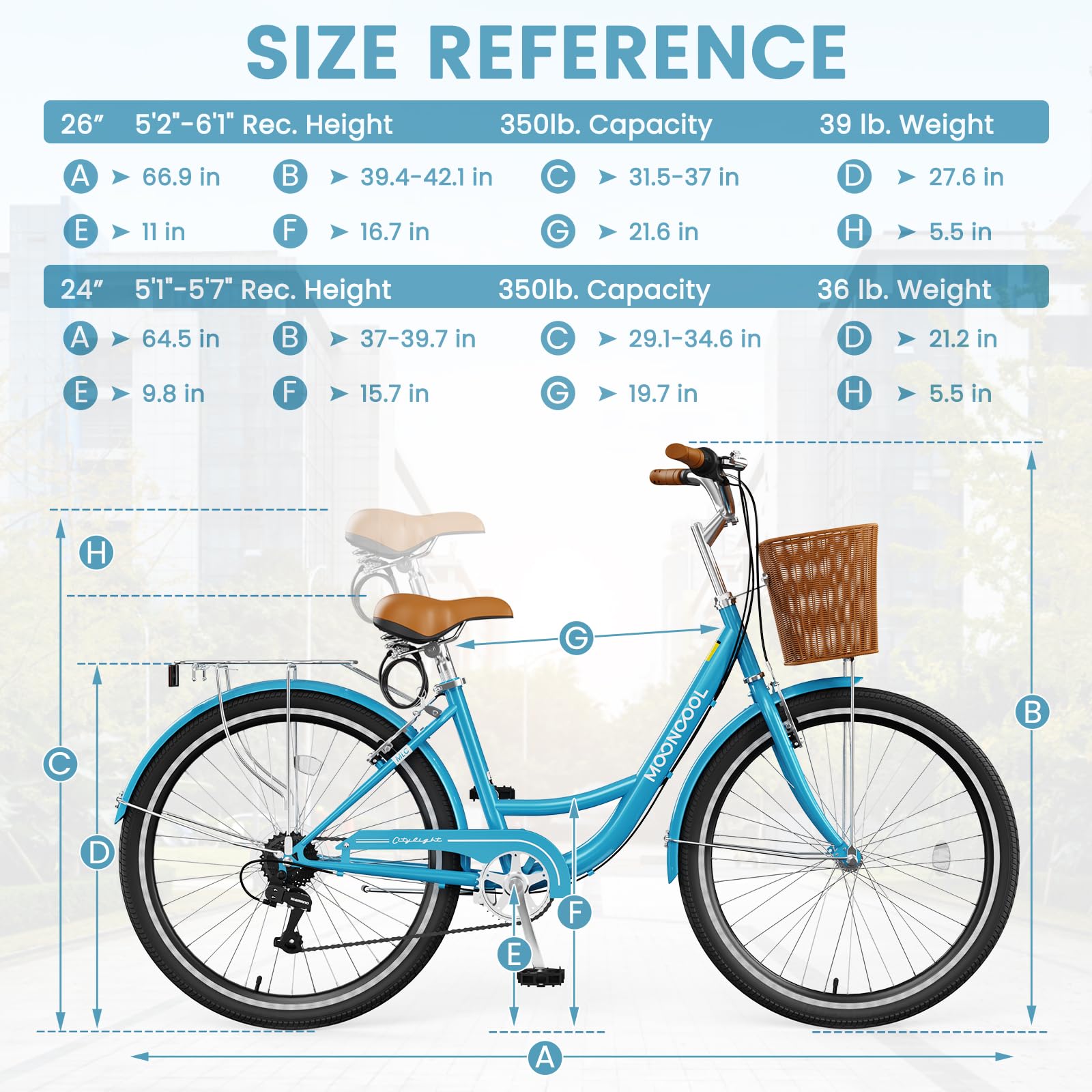 24/26 Inch Women's 7-Speed Cruiser Bike with Basket & Lock - Lightweight City Commuter Bicycle for Ladies - Perfect for Beach Rides, Daily Commuting & Leisure Cycling