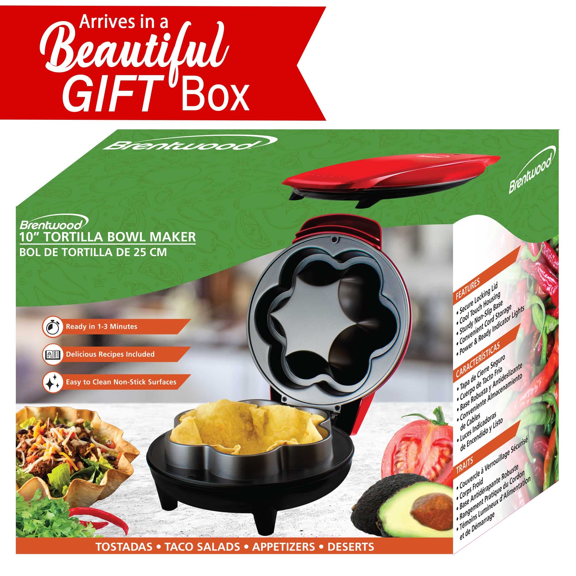 Brentwood TS-257R 750W Electric Taco Bowl Maker - Red | Fast & Easy Taco Shells for Parties, Nachos & Mexican Food Night | Commercial & Home Kitchen Use