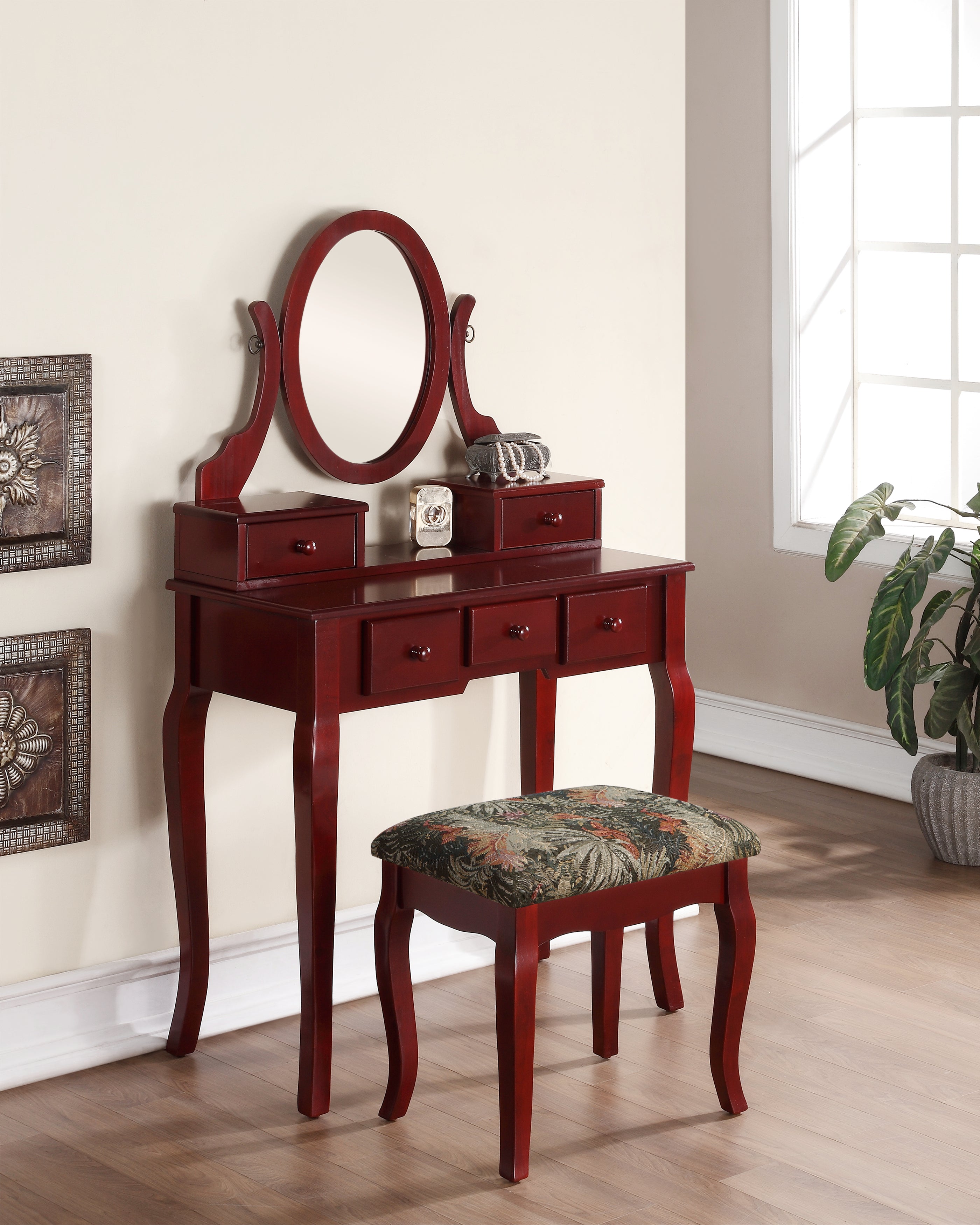 Ashley Wood Makeup Vanity Table and Stool Set with Mirror - Cherry Finish for Bedroom, Dressing Room & Beauty Salon | Roundhill Furniture