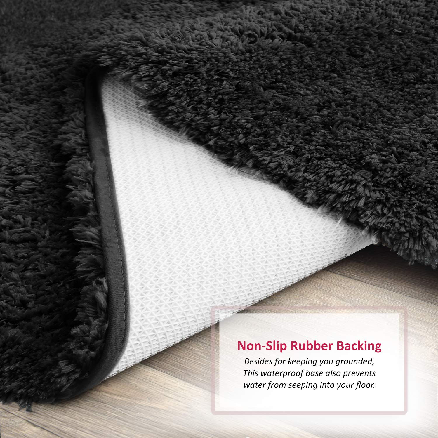 Clara Clark Ultra Soft Shaggy Bathroom Rugs - Non-Slip Rubber Backing Machine Washable Bath Mats Set of 2, Black - Perfect for Bathroom, Bedroom & Spa Decor