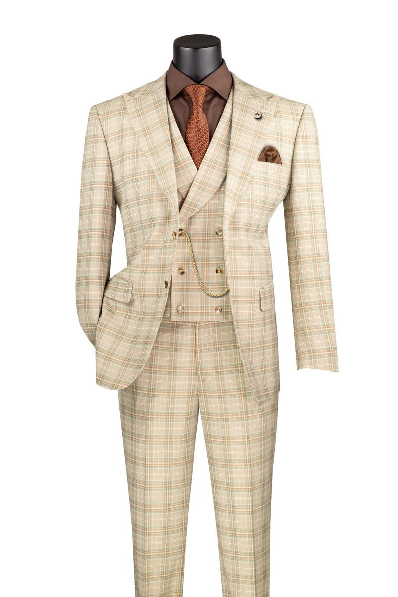 Modern Fit Windowpane 3-Piece Suit Set in Khaki - Perfect for Business Meetings, Weddings & Formal Events