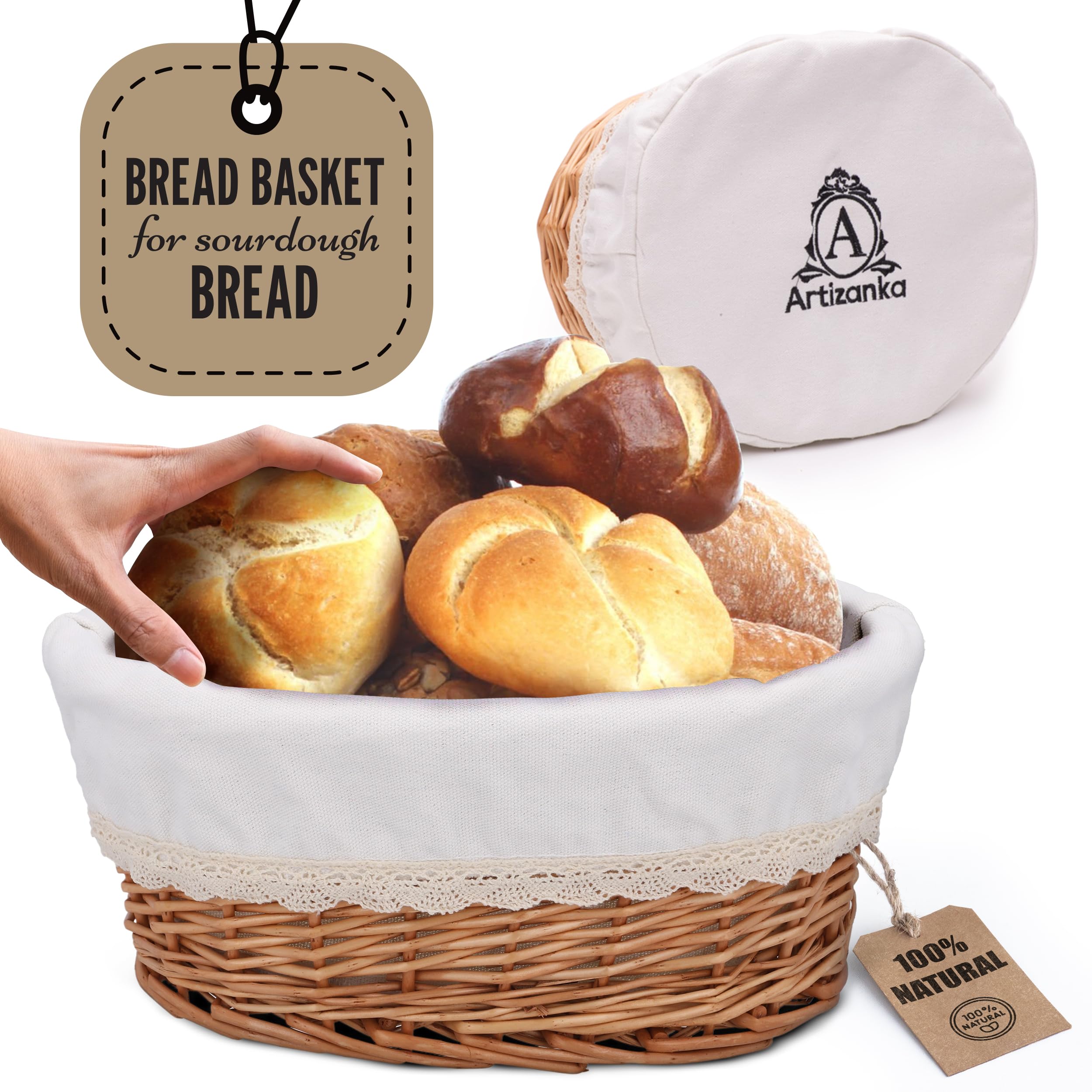 12 Inch Large Handmade Wicker Bread Basket with Removable Liner & Cover - Perfect for Sourdough, Pastries, Fruits Storage & Serving | Rustic Kitchen Decor, Farmhouse Dining, Party Serving