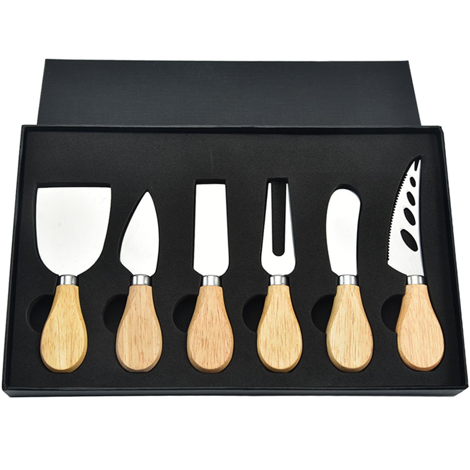 6-Piece Wooden Handle Cheese Knife Set - Stainless Steel Cheese Slicer, Fork & Spreader for Cheese, Butter, Pizza & Cake - Perfect for Entertaining, Wine Pairings & Charcuterie Boards (Oak)
