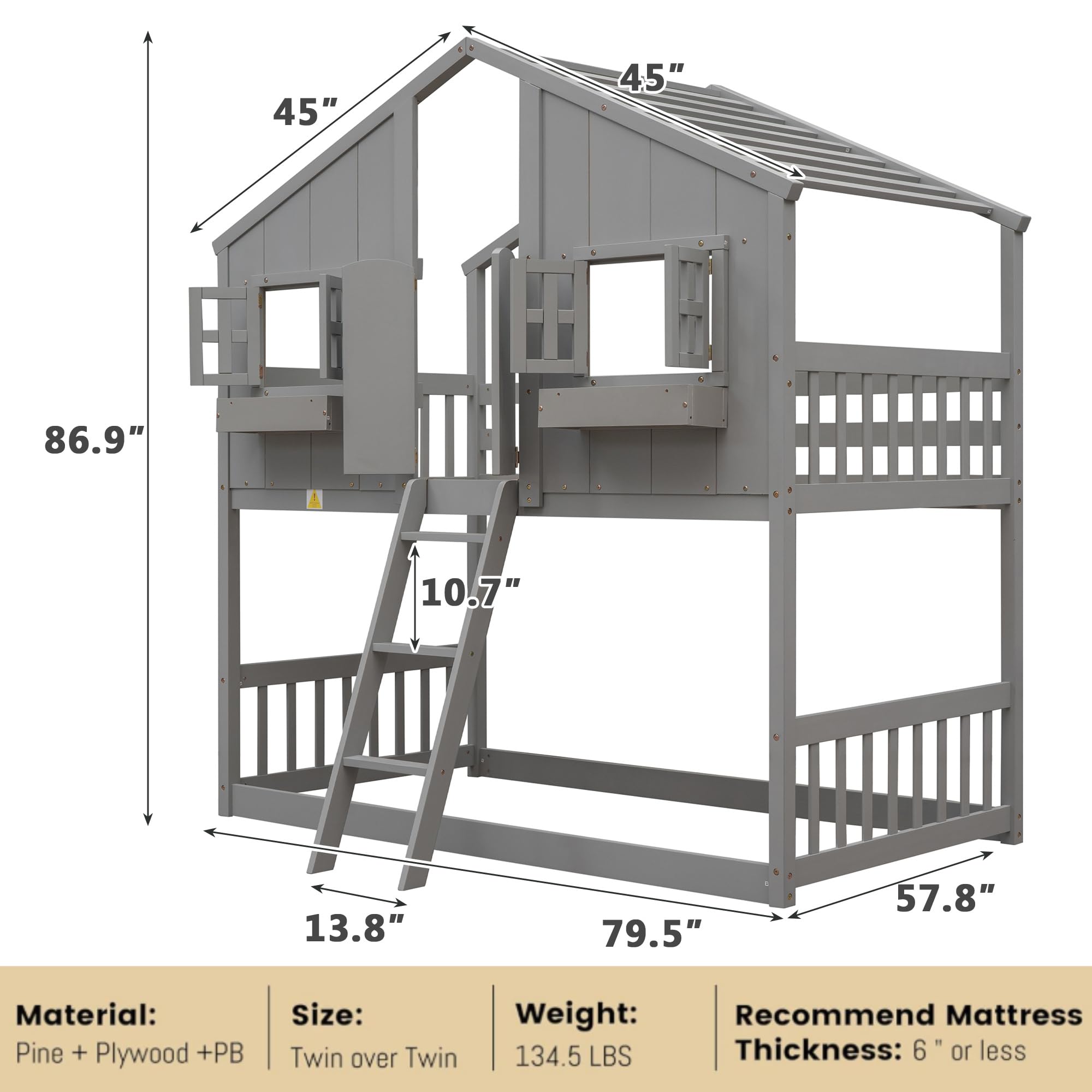 MERITLINE Twin Over Twin Wooden House Bunk Bed with Roof, Window, Window Box & Door - Grey Kids Bunk Bed for Boys, Girls & Teens | Perfect for Small Bedrooms, Shared Kids Rooms & Space-Saving Sleep Solutions