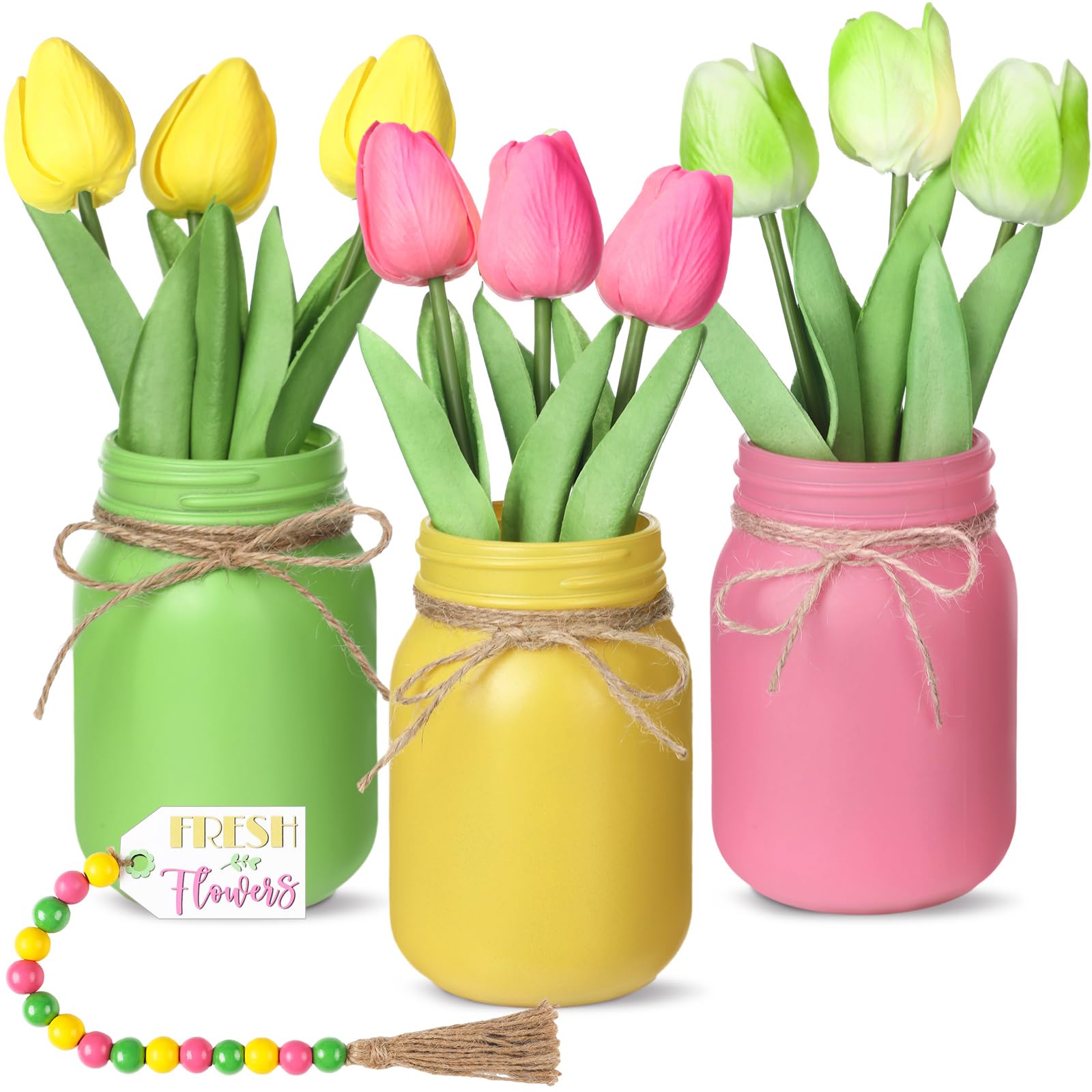 Karenhi 13-Piece Mason Jar Spring Table Decor Set with Artificial Tulip Flowers & Garland - Rustic Farmhouse Centerpiece for Dining Table, Kitchen, Wedding, Party Decorations | Perfect for Easter, Mother's Day & Spring Home Decor