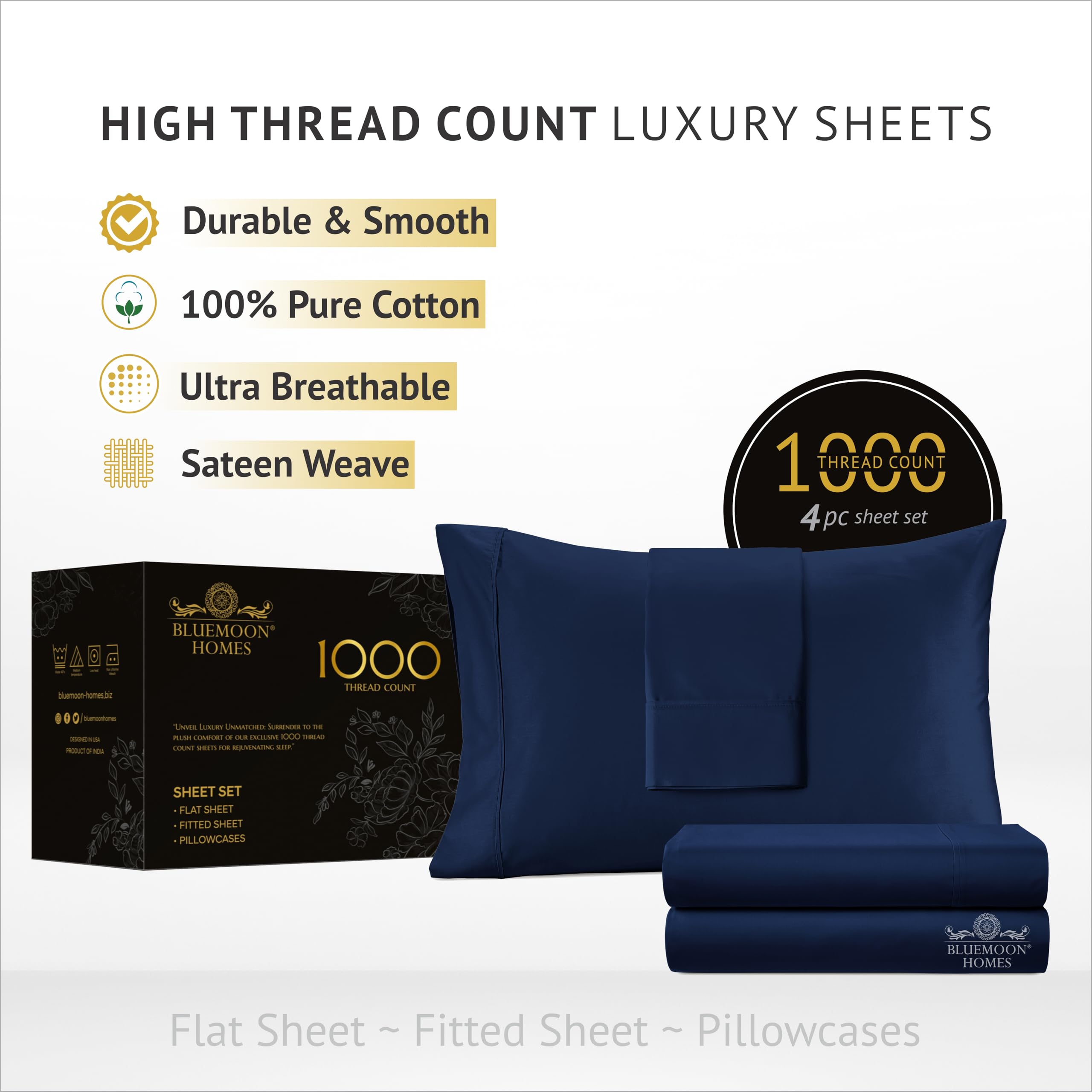 Premium 1000 Thread Count Egyptian Cotton Queen Sheet Set - 4 Piece Deep Pocket 18