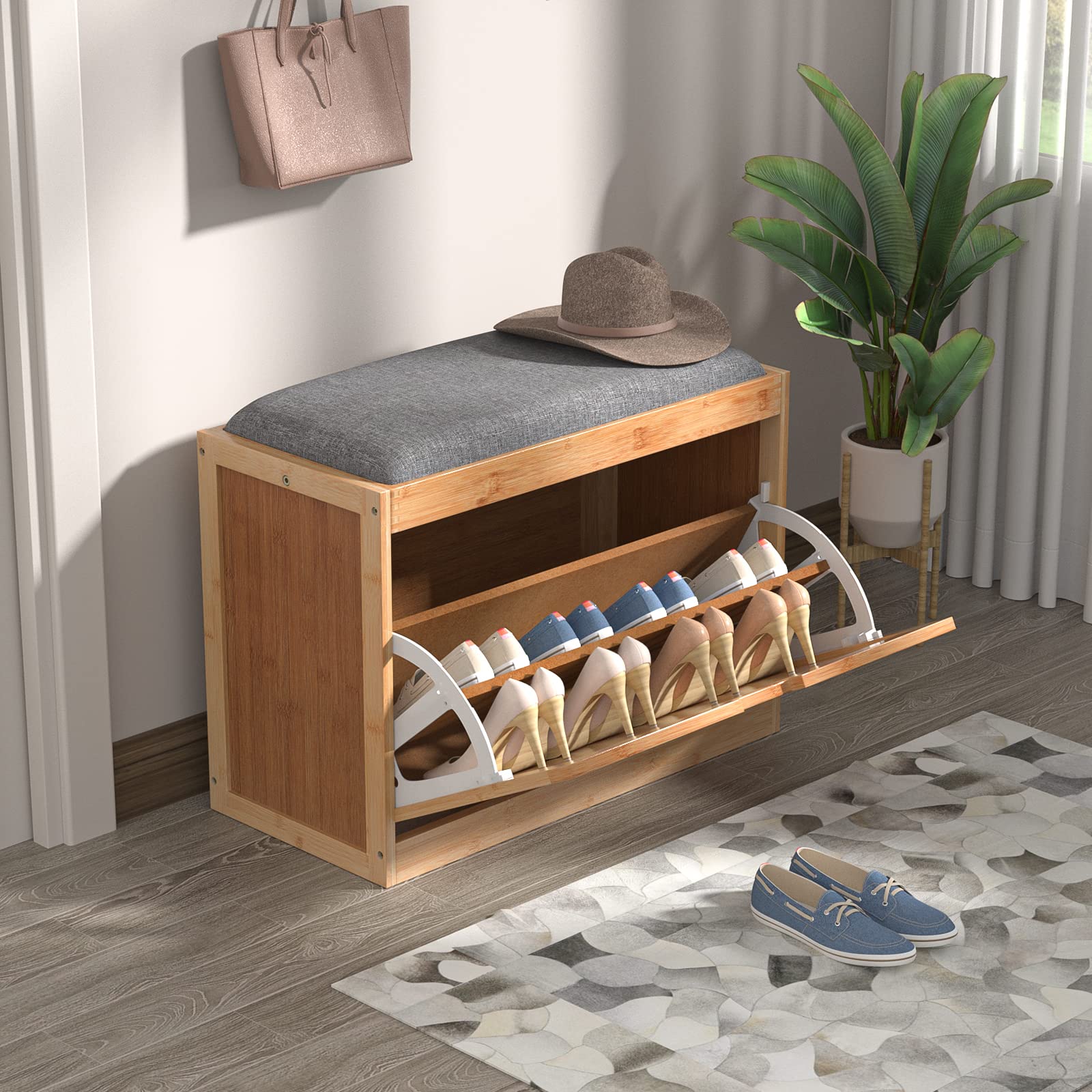 QSSLLC Bamboo Shoe Bench with Hidden Storage & Seat Cushion - Flip Drawer Entryway Organizer for Shoes - Perfect for Hallway, Mudroom & Home Decor