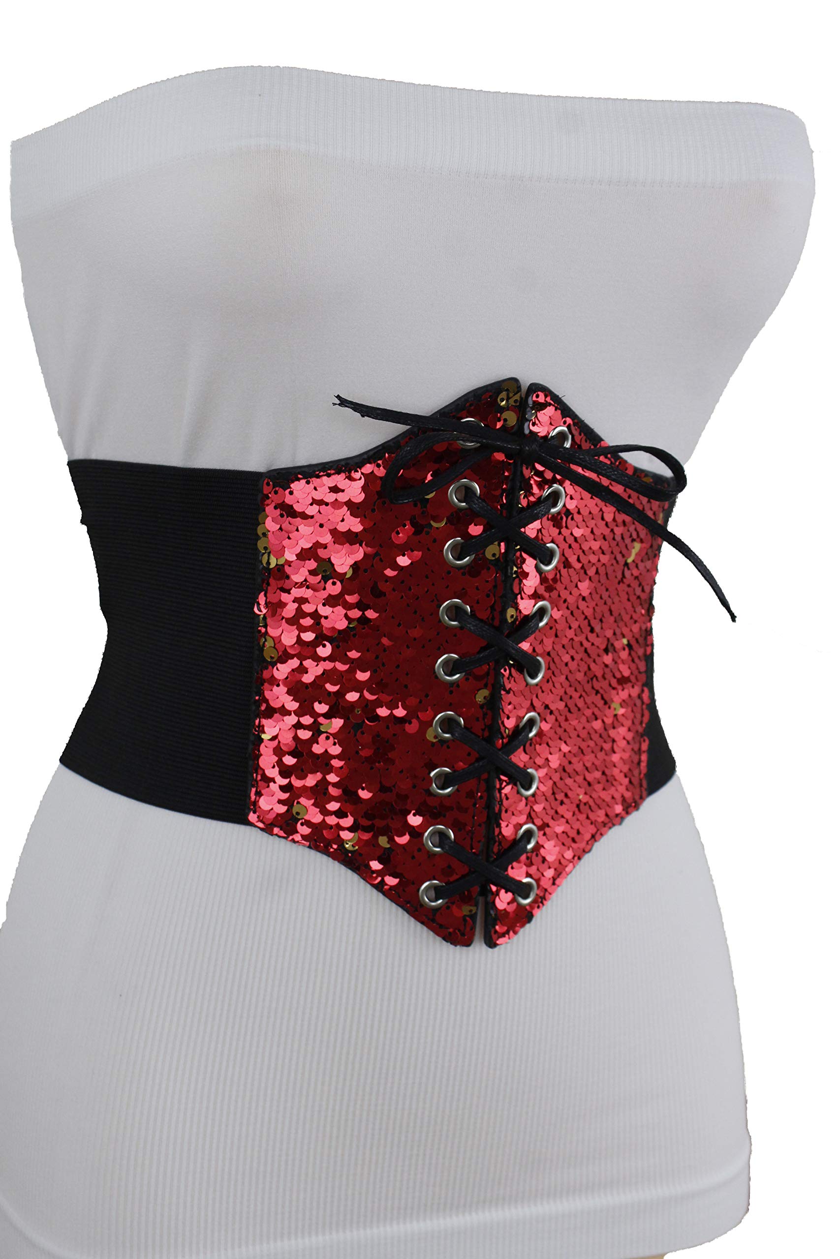 TFJ Women's Wide Elastic Waistband Corset Belt - High Waist Shapewear with Bling Red Gold Sequins for Tummy Control (Sizes S/M) | Perfect for Dresses, Tops & Body Shaping