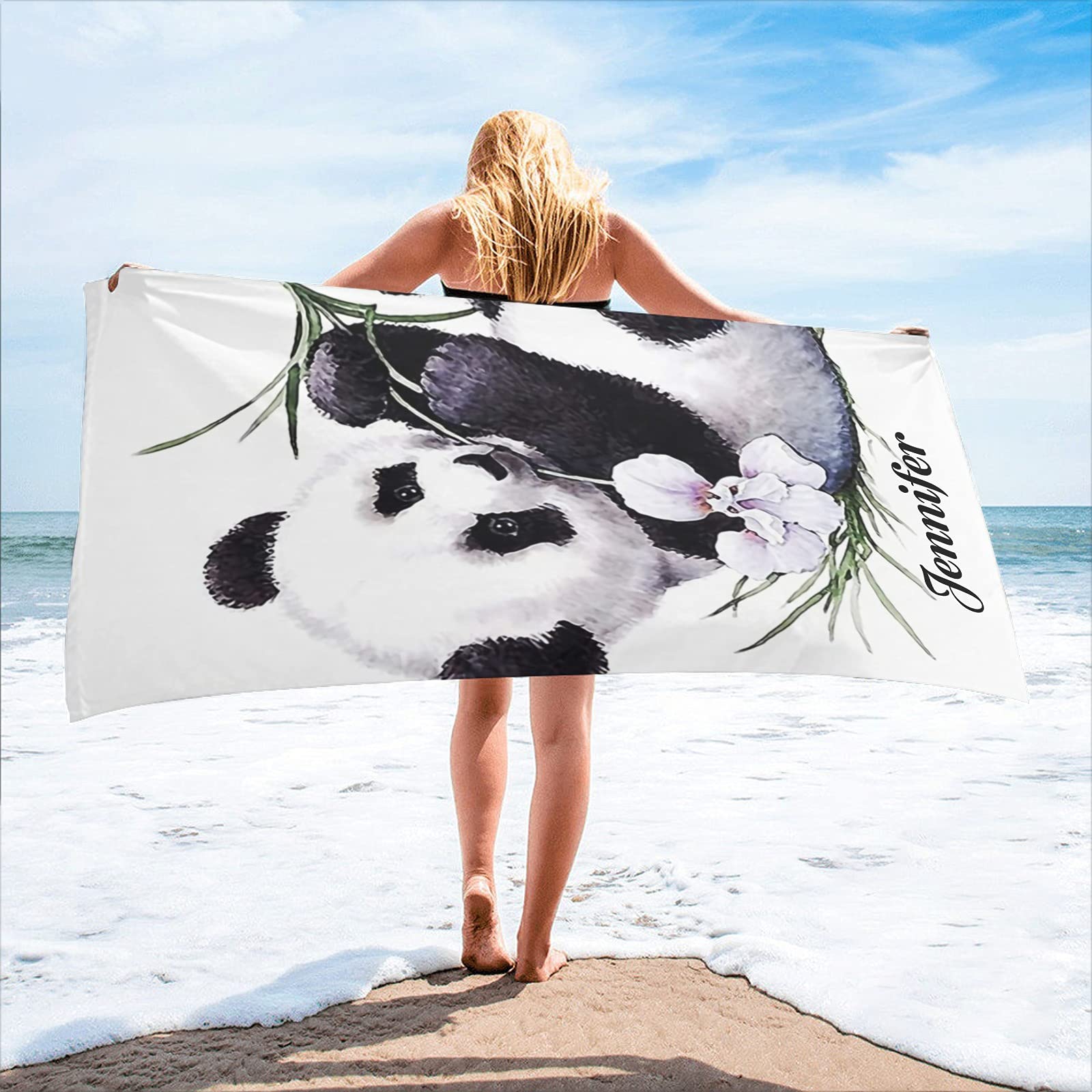 Custom Name Funny Panda Beach Towel - 30x60 Inch Large Soft Bath Towel for Women, Men, Kids - Double Sided Printed - Perfect for Pool, Beach, Spa & Gift Giving