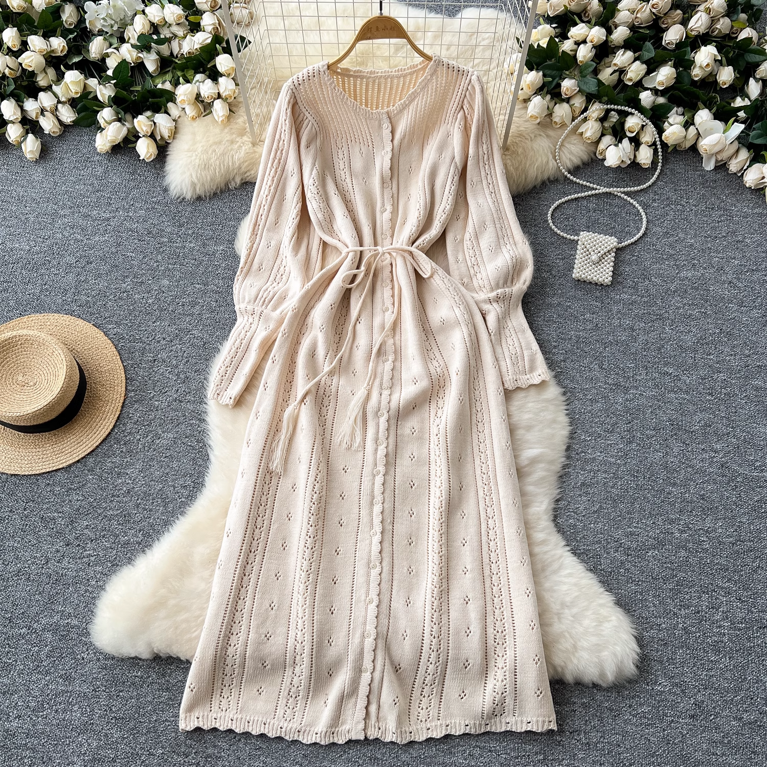 Women's Autumn Winter Knitted Sweater Dress with Sweet Hollow Lantern Sleeves - L15 Size - Perfect for Holiday Parties, Office Wear & Casual Outings