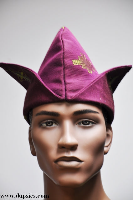 Stylish Burgundy & Green Abeti Aja Aso Oke Hat - Traditional Nigerian Kufi Cap for Men (DPH527) - Perfect for Weddings, Cultural Events & Special Occasions