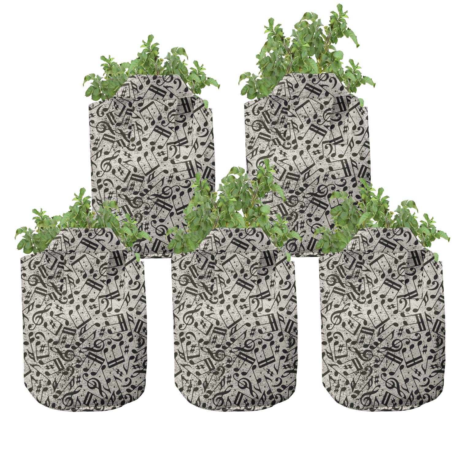 Lunarable 5-Pack Heavy Duty 5 Gallon Fabric Grow Bags with Handles - Monochrome Music Notes & Sheet Design in Black/Beige - Perfect for Indoor/Outdoor Plant Cultivation, Gardening & Urban Farming