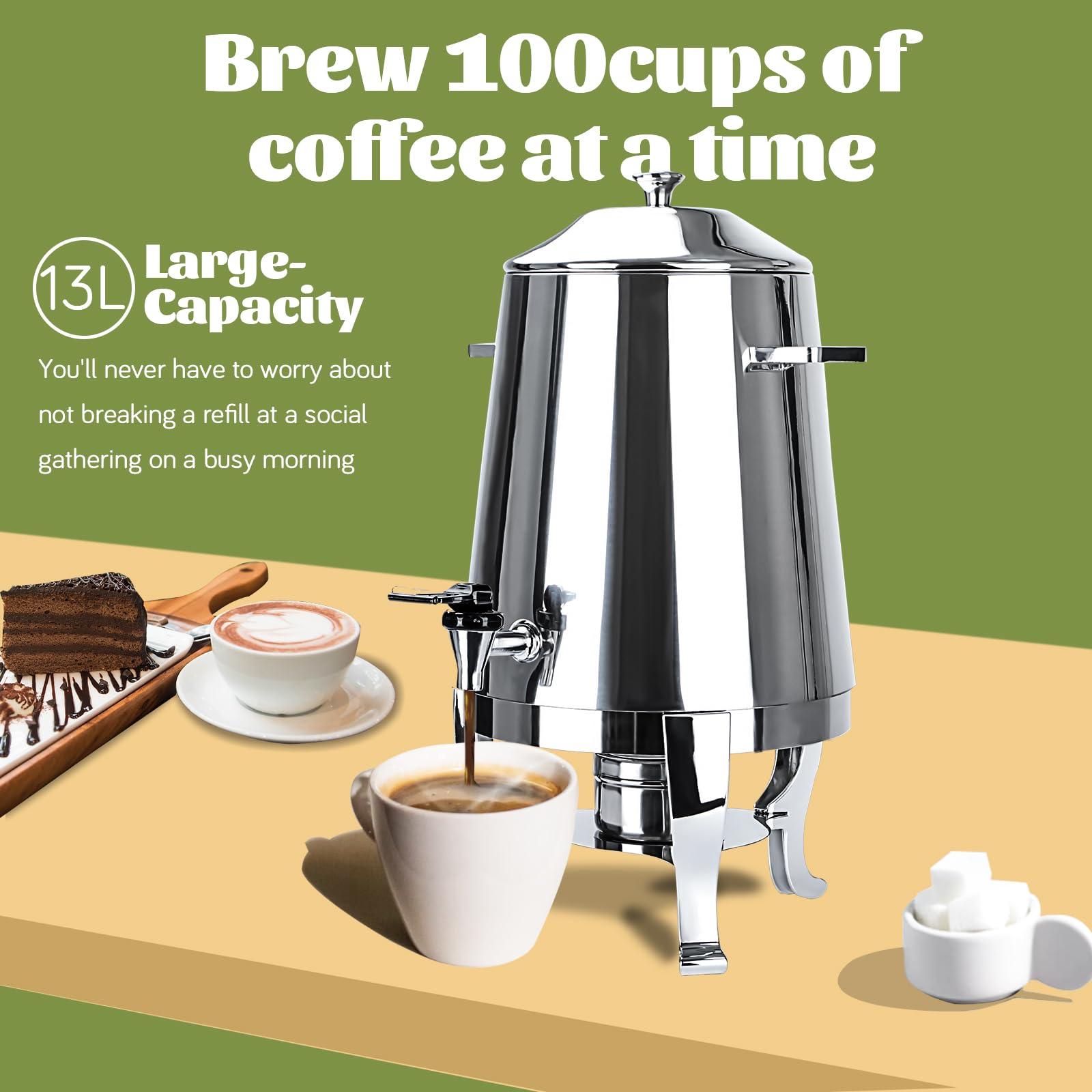 13L Commercial Coffee Urn - Stainless Steel Hot Water & Iced Coffee Maker - Large Capacity Drink Dispenser for Parties, Catering, Restaurants & Office Events