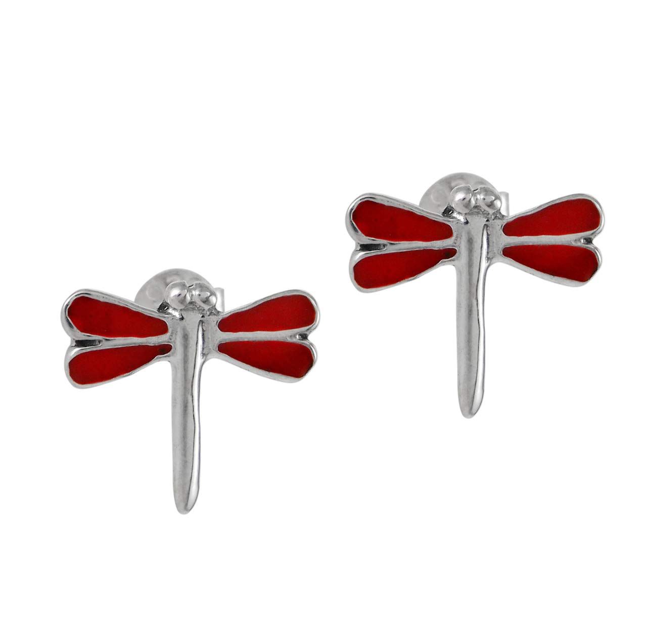 Sterling Silver Enamel Dragonfly Stud Earrings for Women - Dainty Red Post Earrings for Daily Wear, Gift Giving & Special Occasions