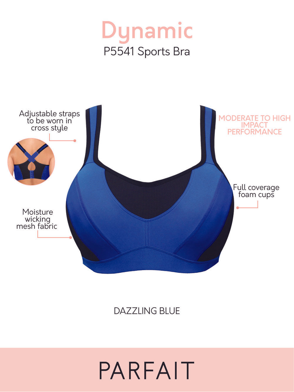 Parfait Dynamic Padded Performance Sports Bra - Dazzling Blue | High Support Workout Bra for Running, Yoga & Gym | Moisture-Wicking & Comfortable Activewear