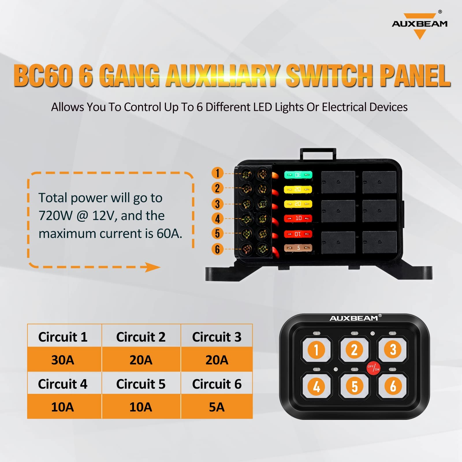 Auxbeam BC60 6 Gang Universal Switch Panel - Dimmable LED Touch Control Relay System for Cars, Trucks, UTVs, ATVs & Boats | Waterproof Circuit Box with 2-Year Warranty | Perfect for Off-Roading, Marine & RV Lighting Control (Blue)
