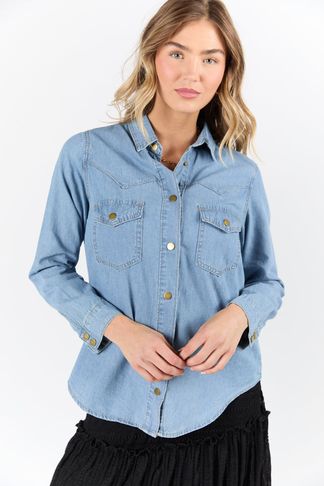 Stylish Gussied Up Yoke Detail Chambray Button Down Shirt for Women - Perfect for Office Wear, Casual Outings & Date Nights