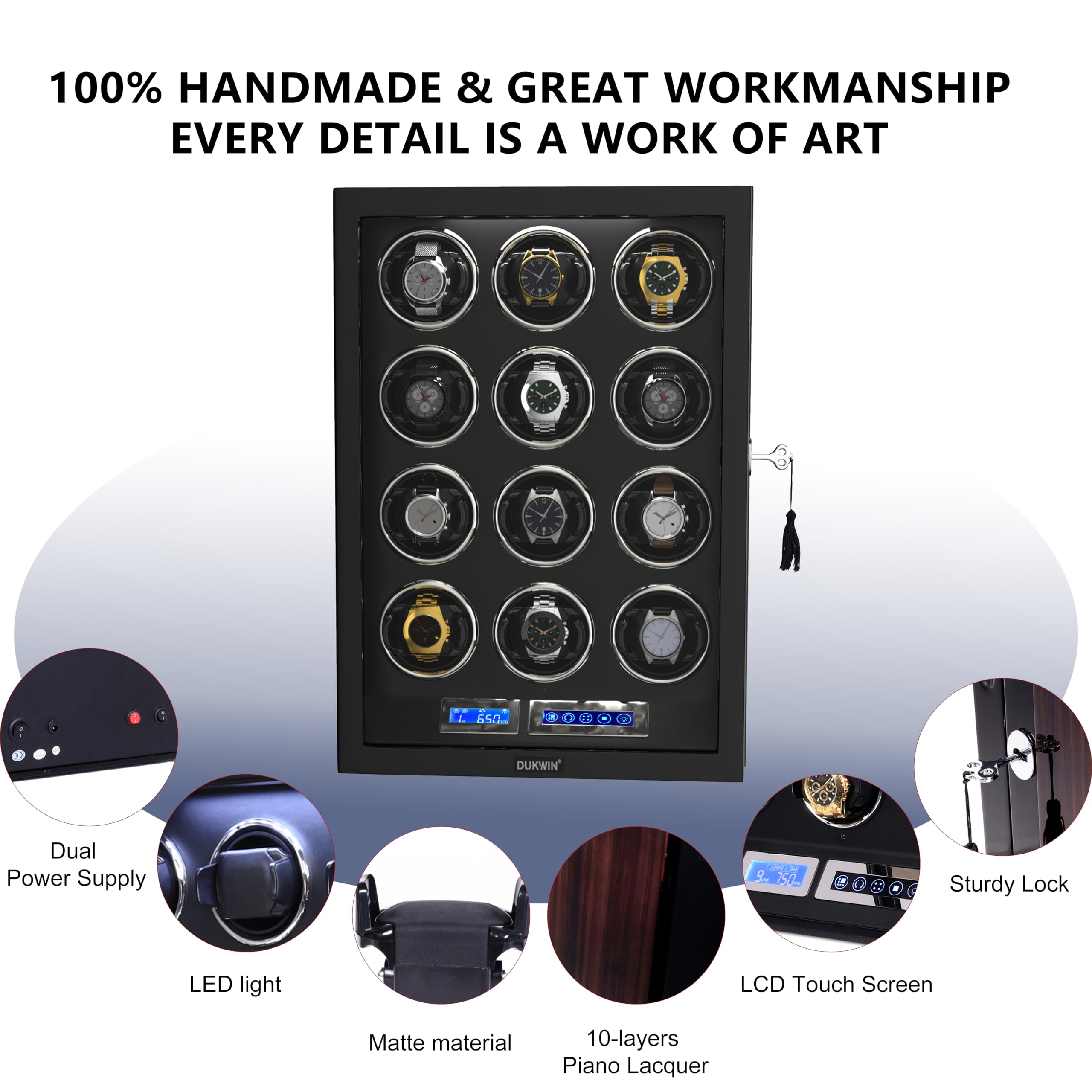DUKWIN Automatic Watch Winder with LCD Touch Screen & Remote Control - Holds 9/12 Watches | Luxury Watch Storage Case for Men | Perfect for Travel, Office & Home Display