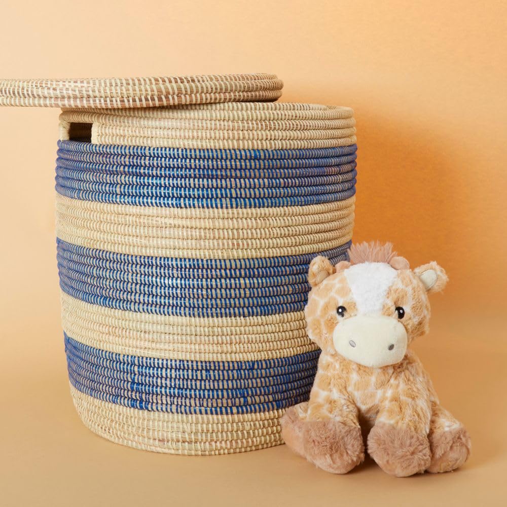 Blue and Beige Striped Storage Basket - Small Woven Organizer for Home, Office, or Nursery Organization | Perfect for Toys, Books, and Essentials