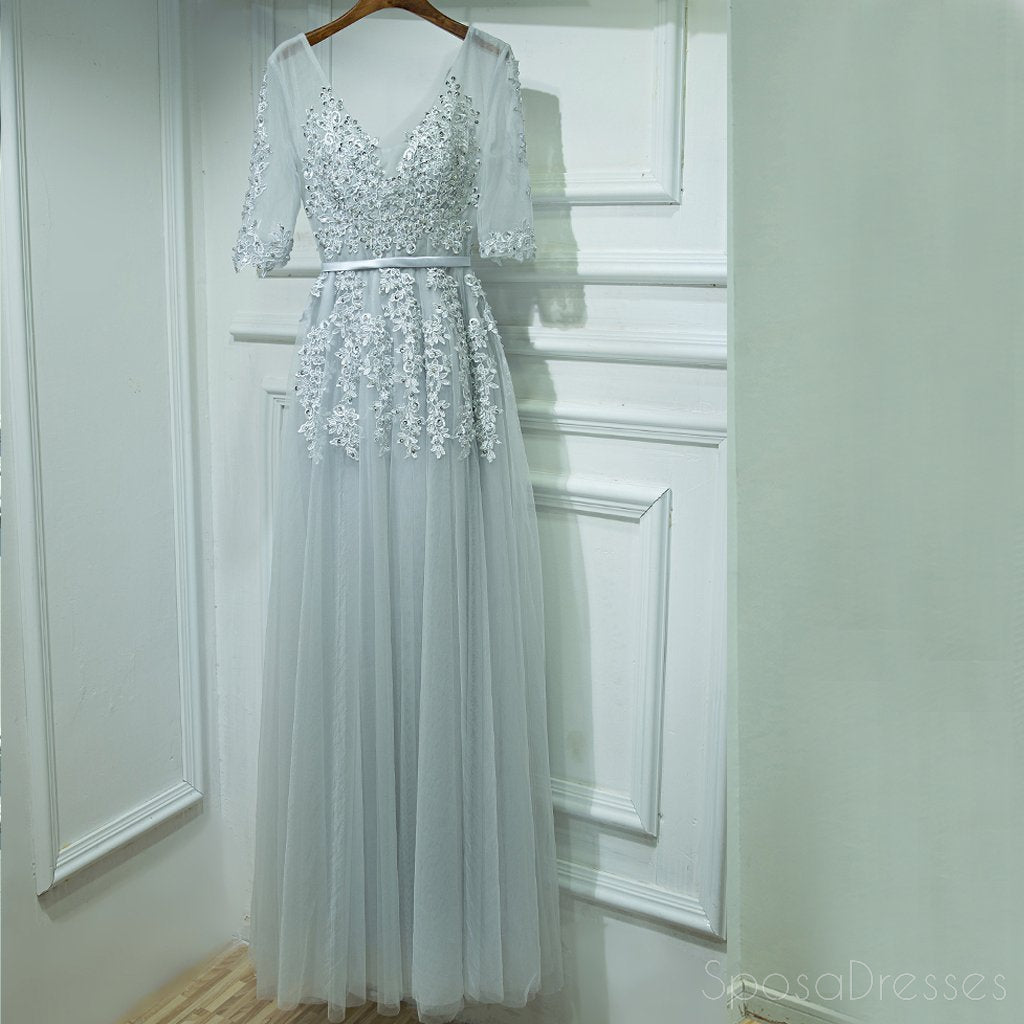 Elegant Long Sleeve V-Neck Gray Lace Tulle A-Line Prom Dress - Formal Evening Gown for Homecoming, Wedding Guest & Special Occasions