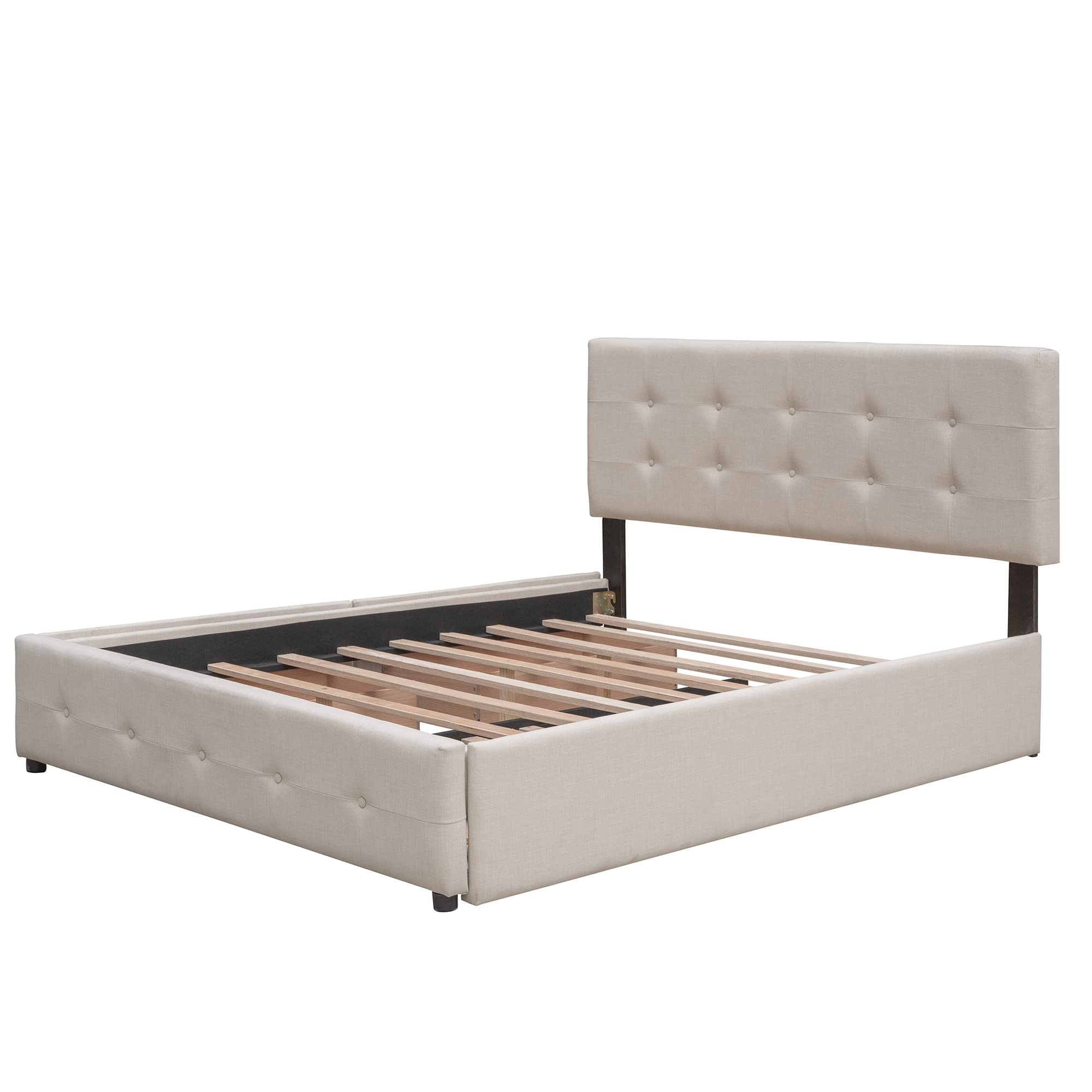 Queen Size Upholstered Platform Bed with Storage Drawers & Twin XL Trundle - Wooden Frame, Button Tufted Headboard in Beige - Perfect for Small Bedrooms, Guest Rooms & Space-Saving Solutions