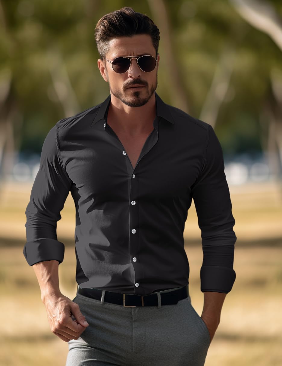 Men's Slim Fit Stretch Muscle Dress Shirt - Long Sleeve Solid Business Casual Button Down Shirt for Athletic Build | Perfect for Office, Meetings & Formal Events