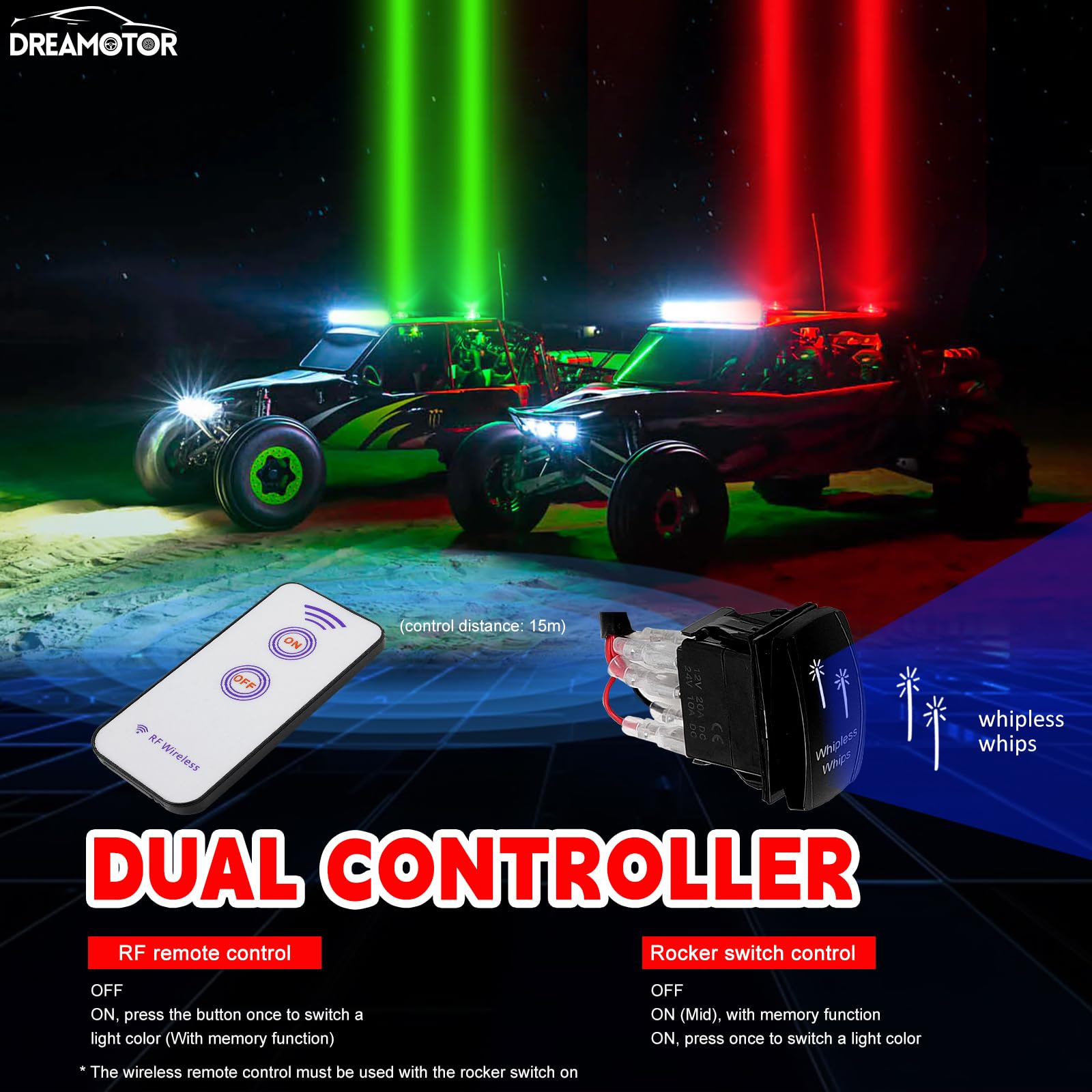 RGBW Auto Spot Beam Pod Whip Light Kit for UTV ATV - 2Pcs with Switch & Remote, 4-Color Whipless LED Light for Polaris RZR, Can Am Maverick X3, Golf Cart & Off-Road Vehicles - Perfect for Night Riding, Trail Adventures & Off-Road Lighting