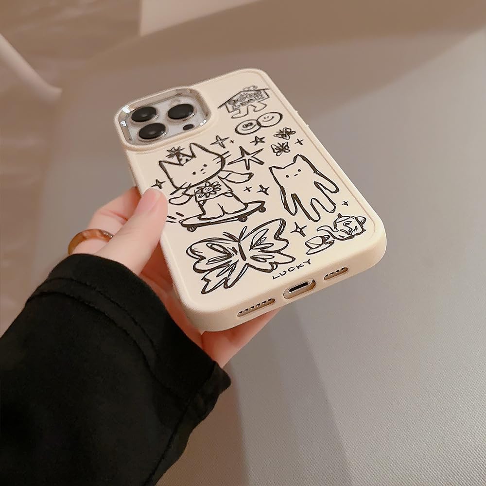 Cute Cat Butterfly Star Lucky Line Drawing Soft Phone Case for iPhone 13 Pro Max - Slim Protective Cover with Artistic Design, Durable TPU Material (White) | Perfect for Everyday Use, Gift Giving & Fashion Accessories
