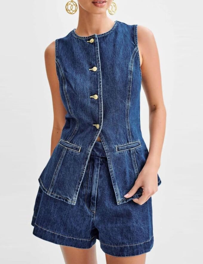 Stylish Women's 2-Piece Denim Set - Sleeveless Blazer Vest & Shorts Outfit | Business Casual & Summer Streetwear | Perfect for Office, Dating & Vacation