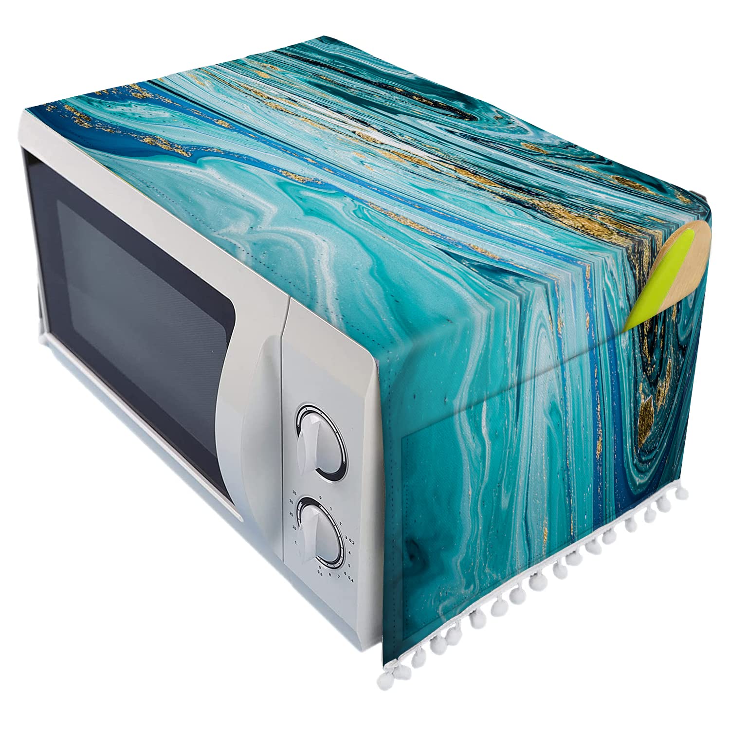 Microwave Oven Cover - Dust & Oil Proof Linen Protector with Side Pockets (11.8x35.4 inches) - Blue Gilt Marble Pattern for Kitchen Appliances - Perfect for Microwave, Toaster Oven & Countertop Protection