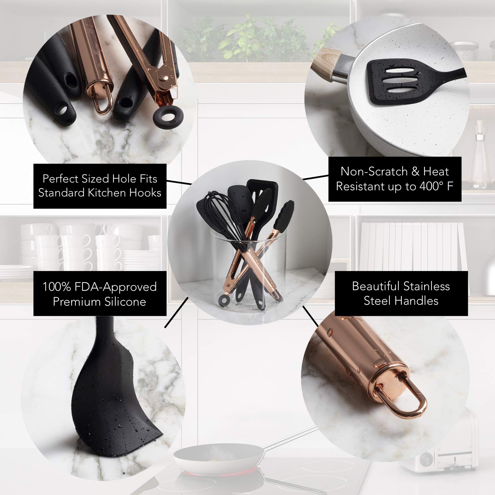 COOK WITH COLOR Silicone Cooking Utensils Set - Easy to Clean Kitchen Gadgets for Nonstick Cookware, Mini Black Utensils for Baking, Frying, and Everyday Cooking