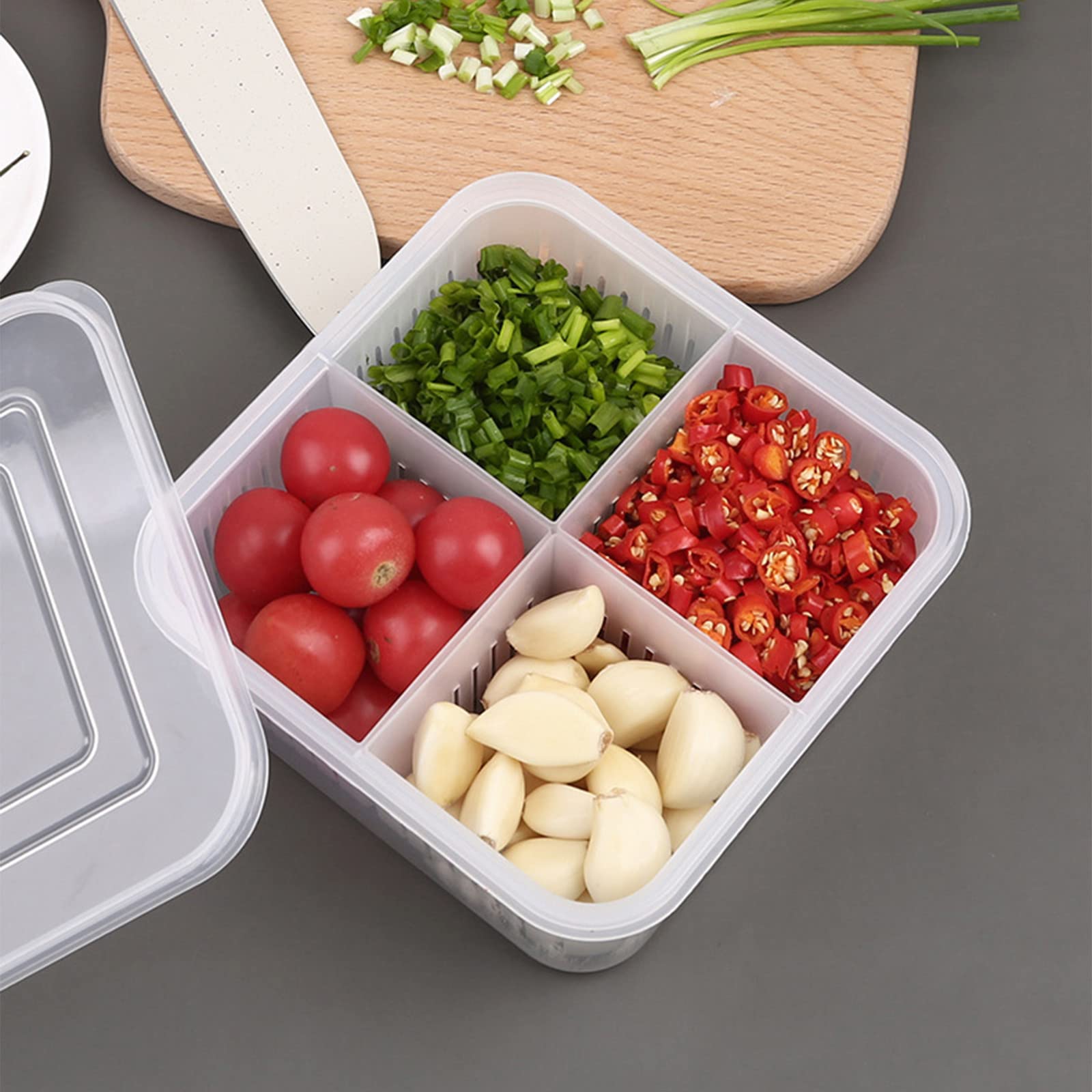 Fresh-Keeping Plastic Food Storage Containers with Lids - 4 Grid Green Ginger Slices & Garlic Vegetable Box for Refrigerator | Airtight Kitchen Organizer for Fruits, Herbs & Meal Prep (White) - Perfect for Meal Prepping, Fridge Organization & Fresh Produce Storage