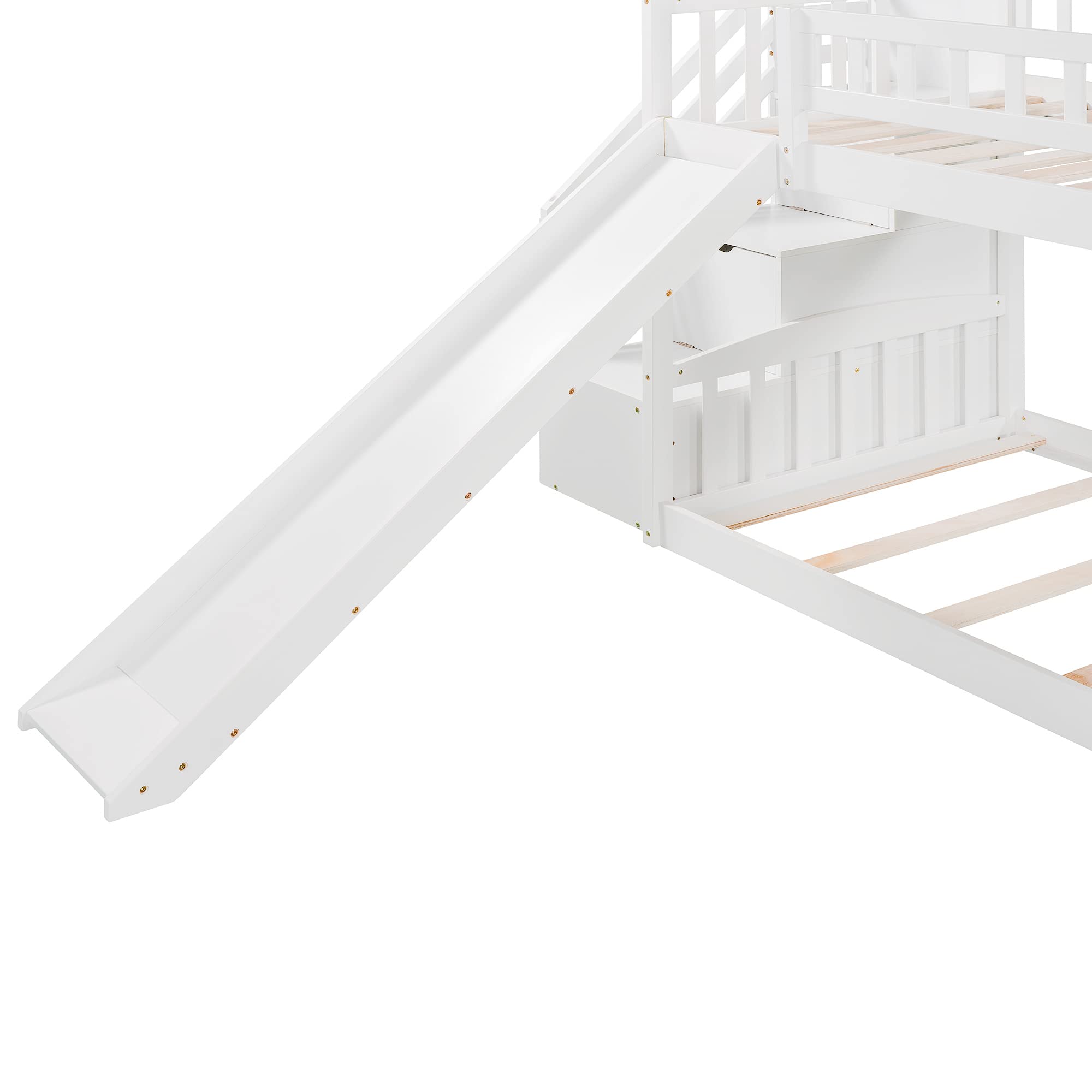 **Twin Over Twin Low Bunk Bed with Slide & Stairs - Solid Wood Kids Bunk Bed with Storage - White - Perfect for Toddlers, Boys & Girls - Ideal for Small Bedrooms & Shared Kids' Rooms**