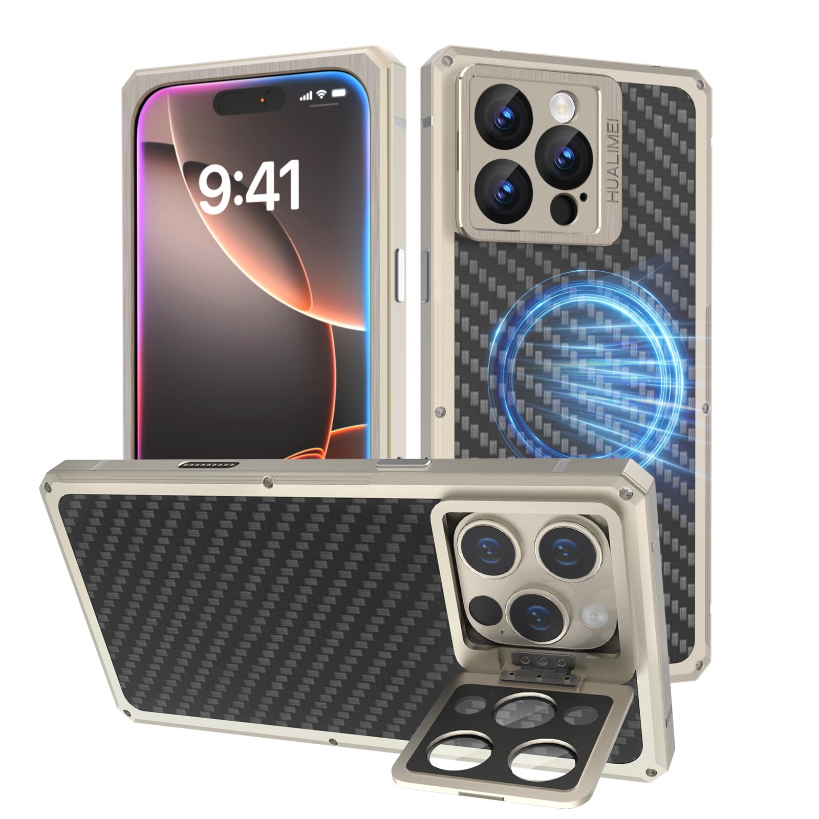 Premium Carbon Fiber Aluminum Case for iPhone 16 Pro Max - Military-Grade Shockproof Protection with Camera Lens Cover & Built-in Magsafe Magnetic Ring | Slim Durable Titanium Phone Cover for Work, Travel & Outdoor Adventures