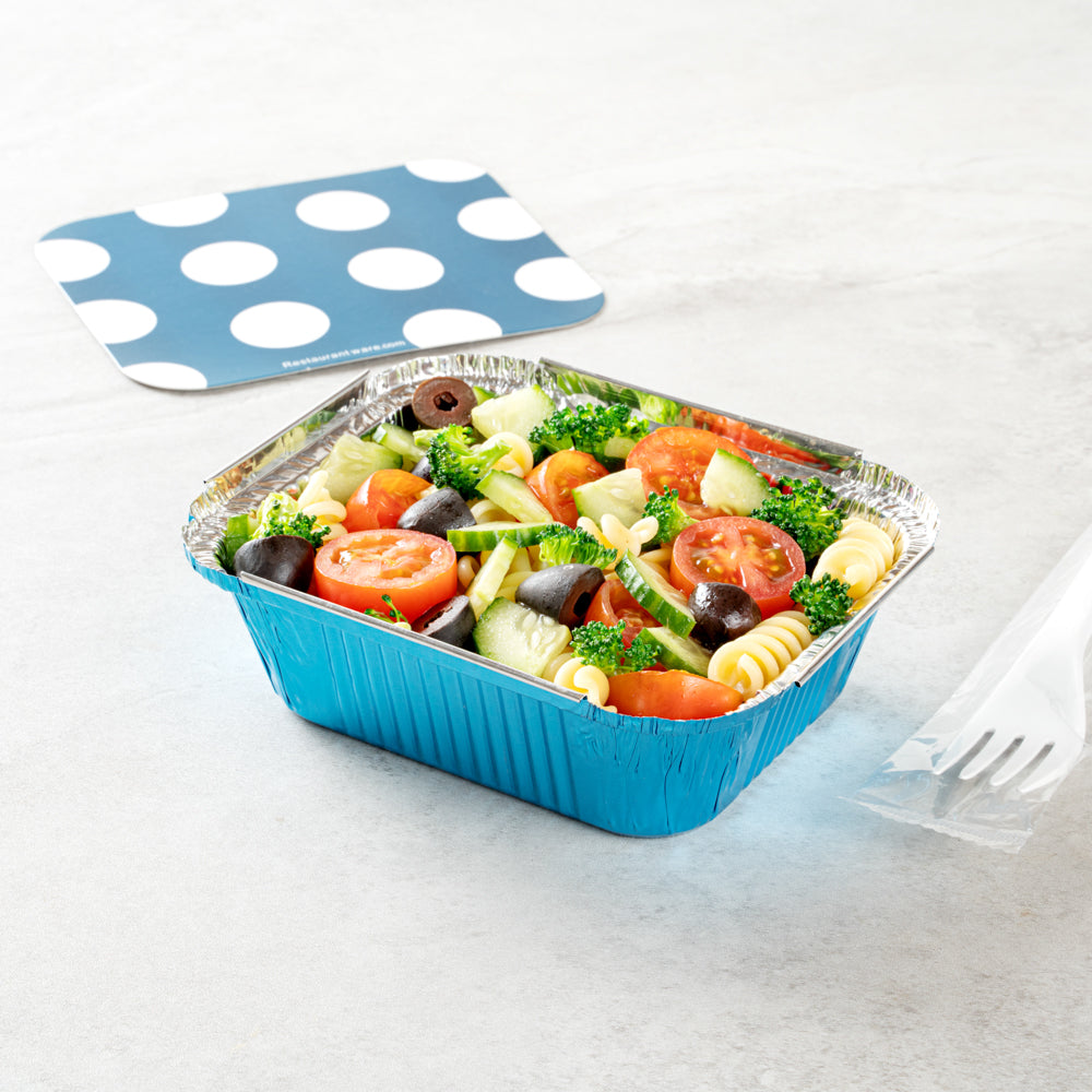 12 oz Rectangle Blue Aluminum Take Out Containers with Polka Dot Paper Lids - 5 3/4 x 4 3/4 x 1 3/4 Inches - Pack of 200 - Perfect for Restaurants, Catering, and Food Delivery Services