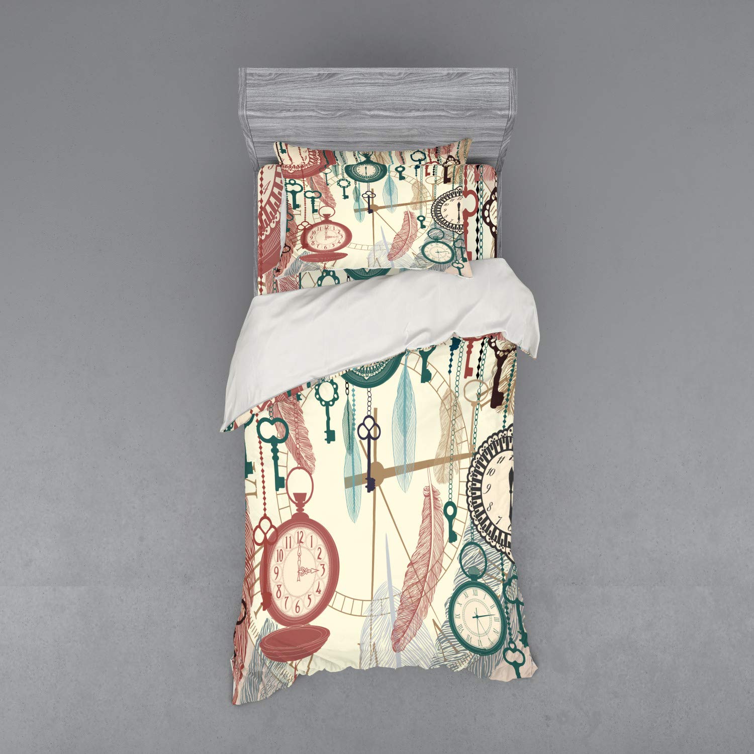 Ambesonne Vintage Pocket Watch Bedding Set - 3 Piece Duvet Cover with Sham & Fitted Sheet, Twin XL Size, Antique Timepiece & Feather Design - Perfect for Guest Rooms & Themed Bedrooms