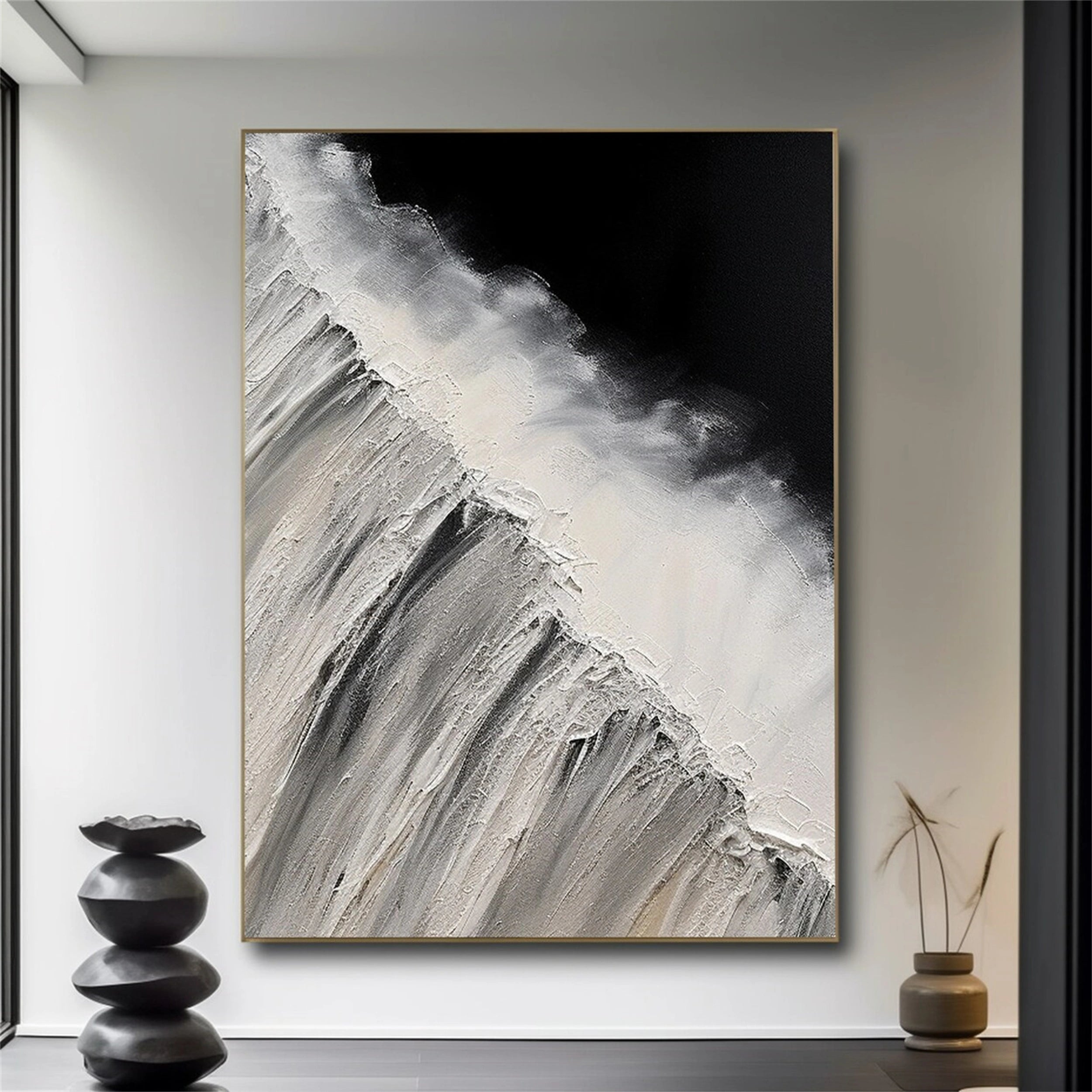 White & Black Minimalist Textured Painting Canvas #MM155 - Abstract Wall Art for Modern Home & Office Decor