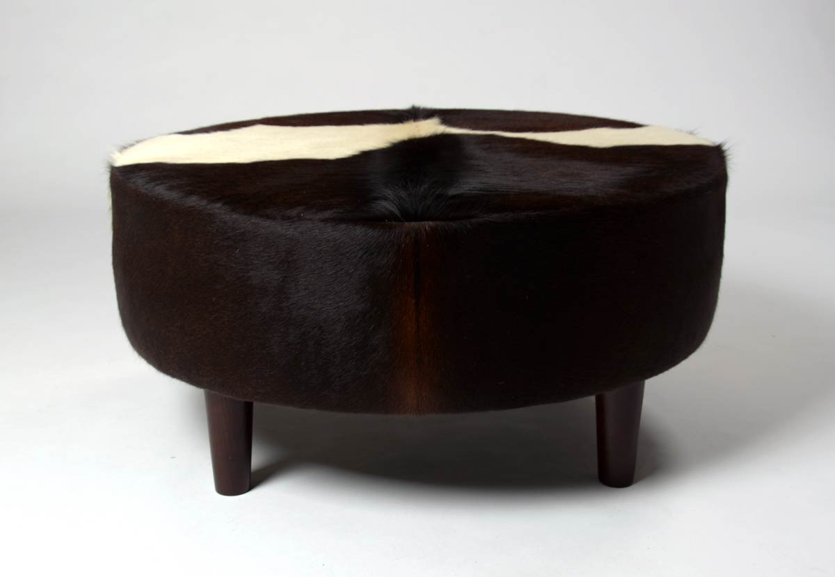 Premium Round Cowhide Ottoman with Wooden Legs - 32
