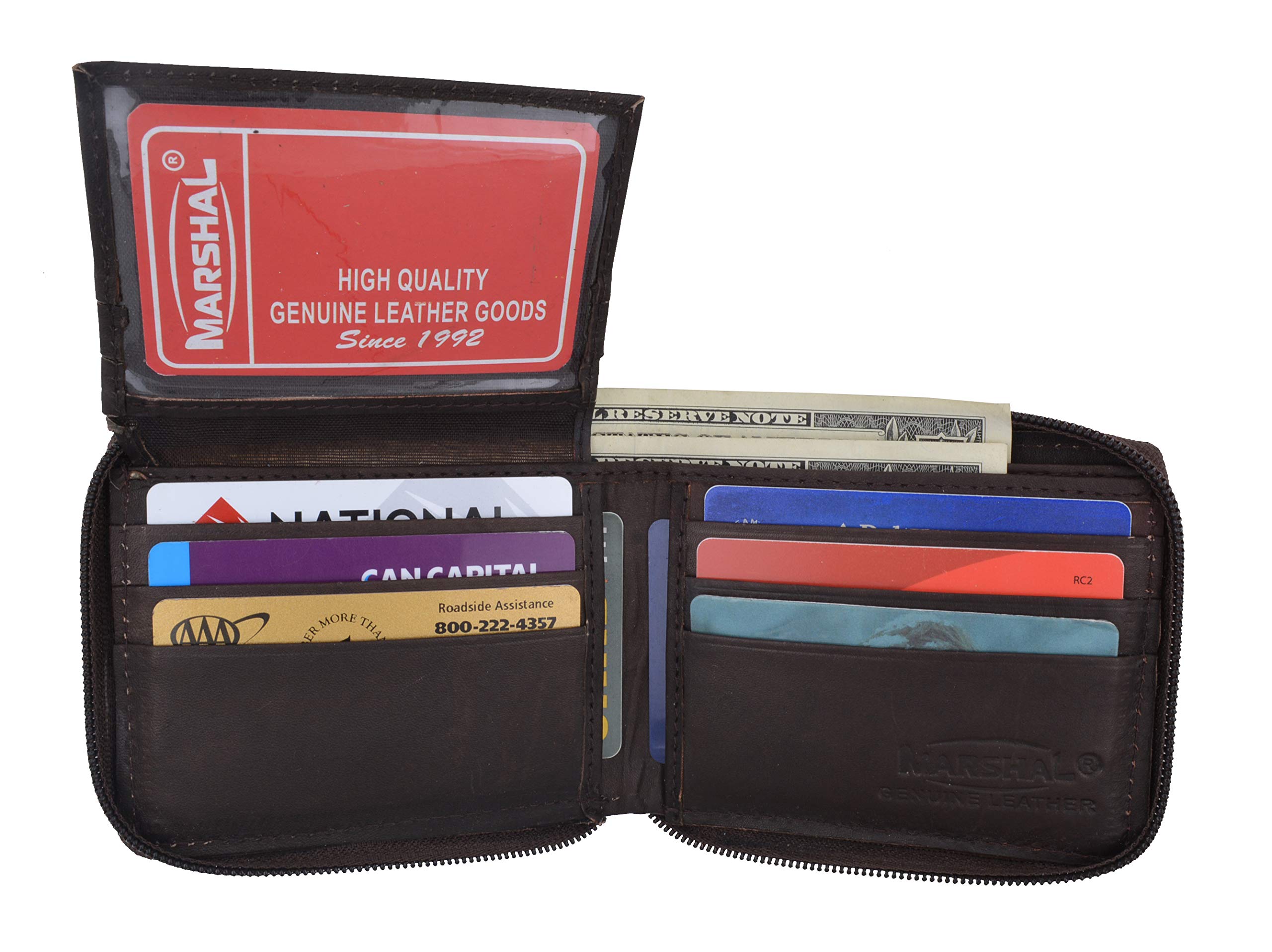 Premium MARSHAL Genuine Leather Zipper Bifold Wallet for Men - Slim RFID Blocking European Style Money Clip Card Holder (#1256) | Ideal for Travel, Business & Everyday Use