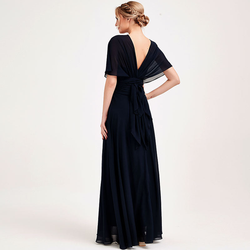 Elegant Dark Navy Convertible Chiffon Bridesmaid Dress - Wrap Style Floor Length Gown for Weddings, Prom & Formal Events