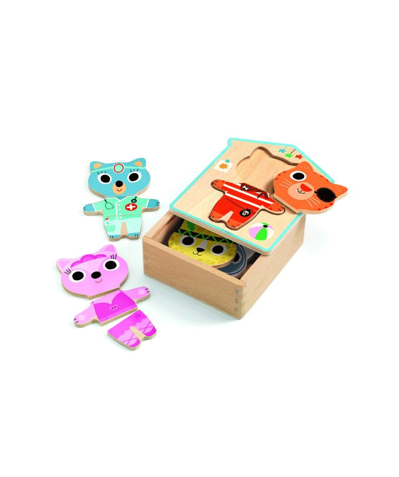 DJECO Dress Up Mix Cat Puzzle Box - Fun Wooden Animal Puzzle for Kids, Creative Play & Learning Toy - Perfect for Birthday Gifts & Family Game Nights