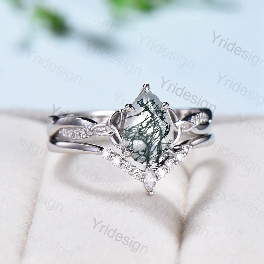 Viking Style 6x9mm Pear Shaped Moss Agate Engagement Ring Set with 3/4 Eternity Twisted Infinity Moissanite & Diamond Wedding Band for Women - Perfect for Norse-Themed Weddings, Viking Lover Gifts & Unique Proposal Jewelry