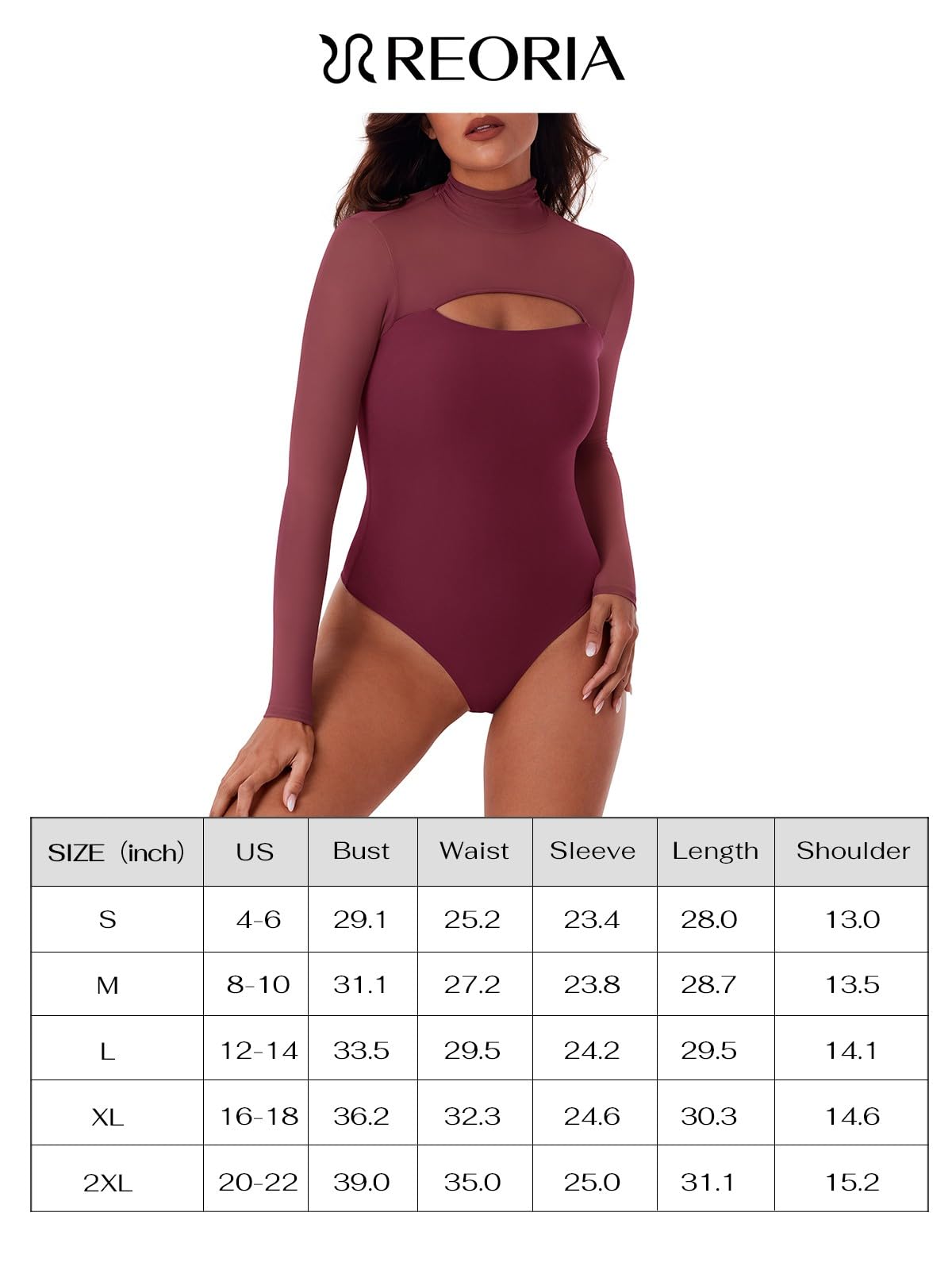 REORIA Women's Sexy Cutout Turtle Neck Long Sleeve Sheer Mesh Bodysuit - Trendy Fall Going Out Outfit for Club, Date Night & Party Wear
