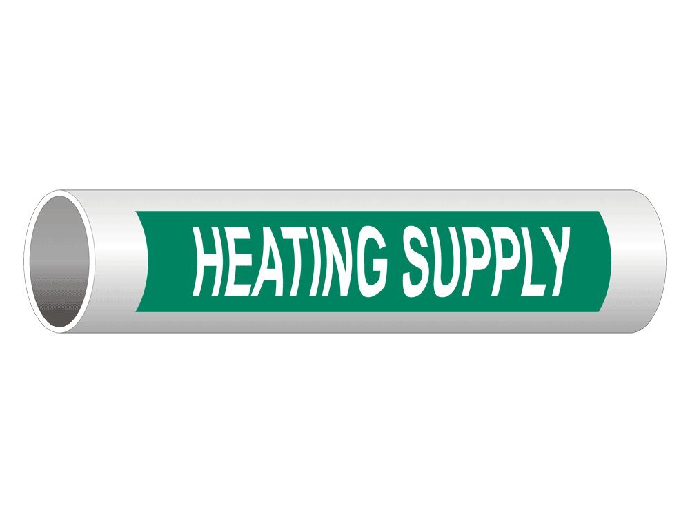 ComplianceSigns.com 8x2 Inch Pipe Label Decal - 5-Pack Vinyl Pipe Markers with White Text on Green Background | OSHA Compliant Heating Supply Identification for Industrial Pipes, HVAC Systems & Plumbing Safety