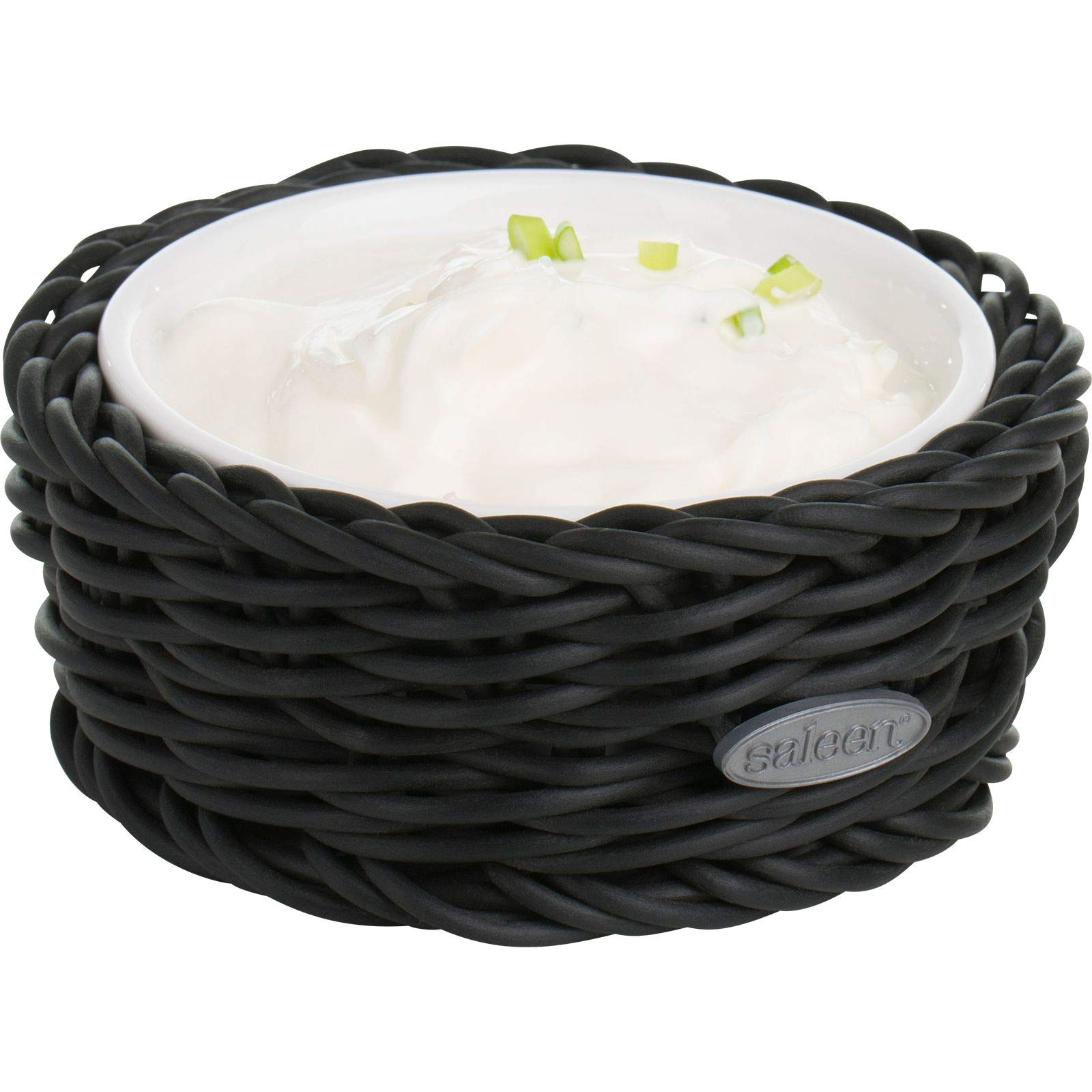 Saleen 02100219160 Round Wicker Basket with Porcelain Bowl Insert - Black | Decorative Storage for Fruits, Bread & Kitchen Essentials | Perfect for Farmhouse, Rustic & Boho Home Decor