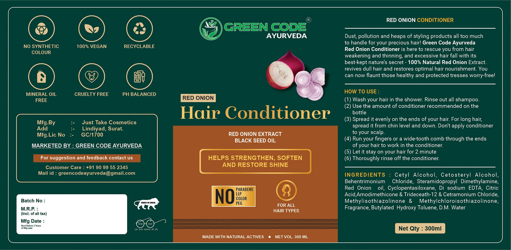 GREEN CODE AYURVEDA Onion Hair Conditioner with Red Onion Seed Oil & Black Seed Oil Extract - Paraben-Free, No Mineral Oil or Silicones - 300ml for Damaged Hair Repair & Scalp Care - Perfect for Dry, Frizzy Hair & Hair Growth Treatment