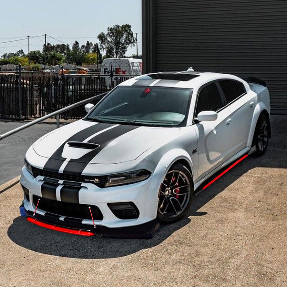 Glossy Black & Red Universal Front Bumper Lip Spoiler Diffuser Body Kit with Adjustable Support Splitter Rod & Side Skirts - Compatible with Most Cars | Enhance Aerodynamics & Sporty Style for Street Racing & Car Shows